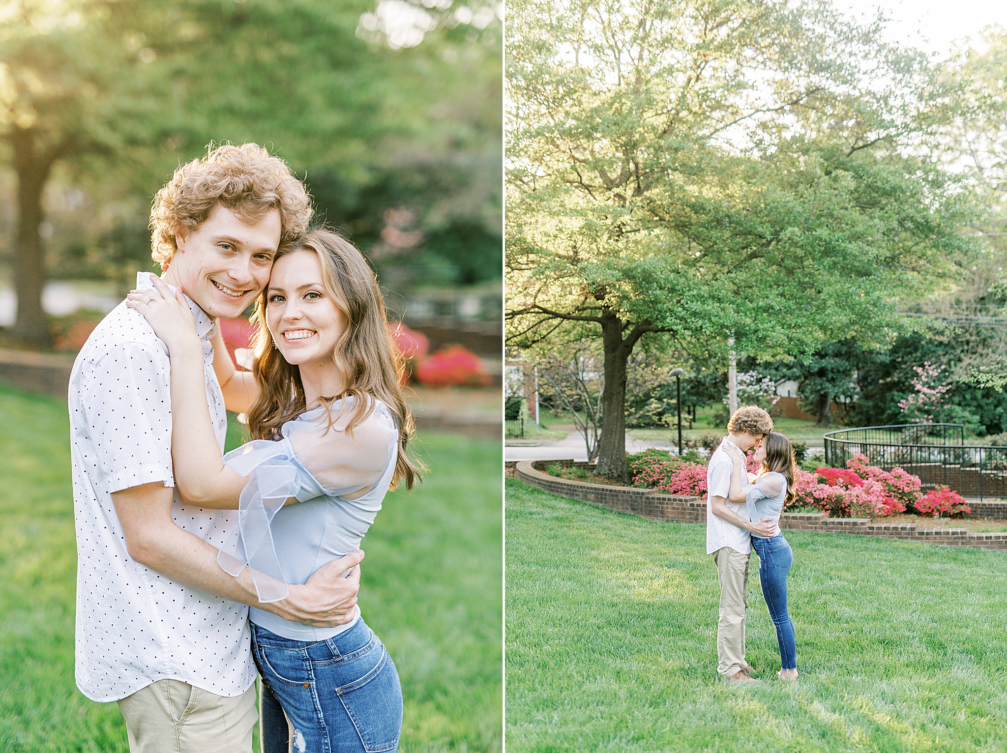 engaged couple poses on lawn in Glencairn Gardens