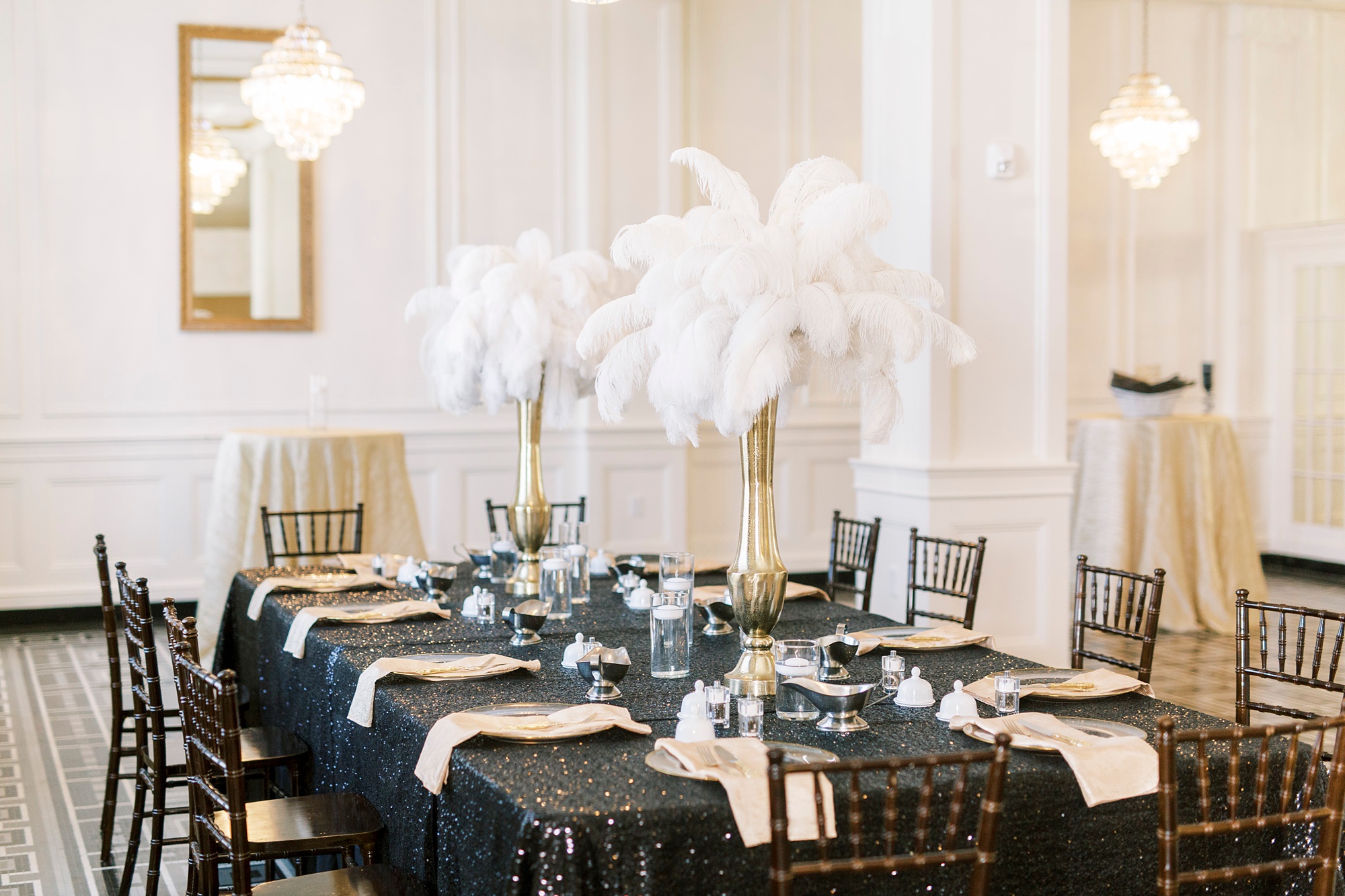 feather centerpieces for Great Gatsby birthday party at The Hotel Concord