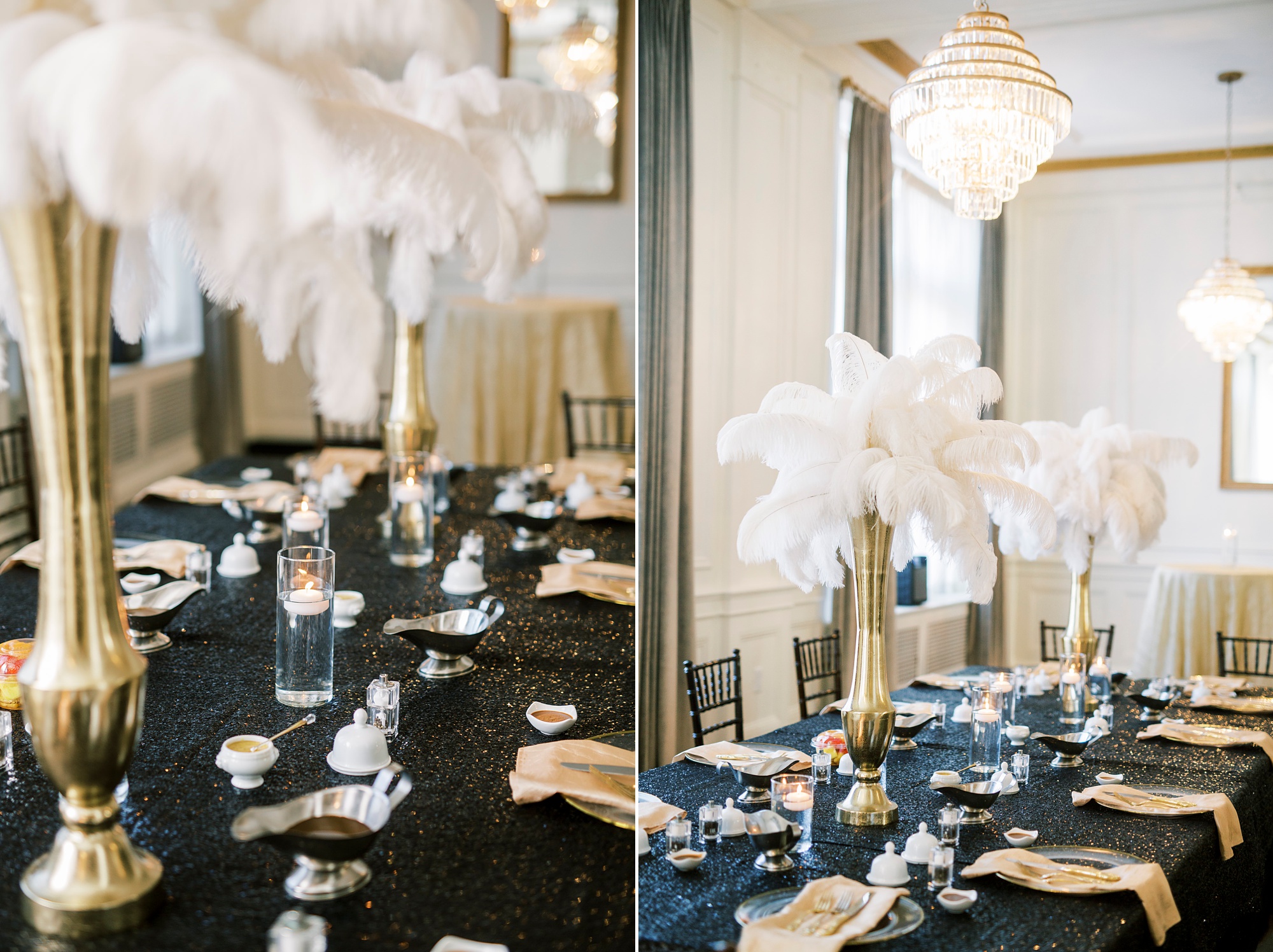 tablescapes with tall feather centerpieces at The Hotel Concord