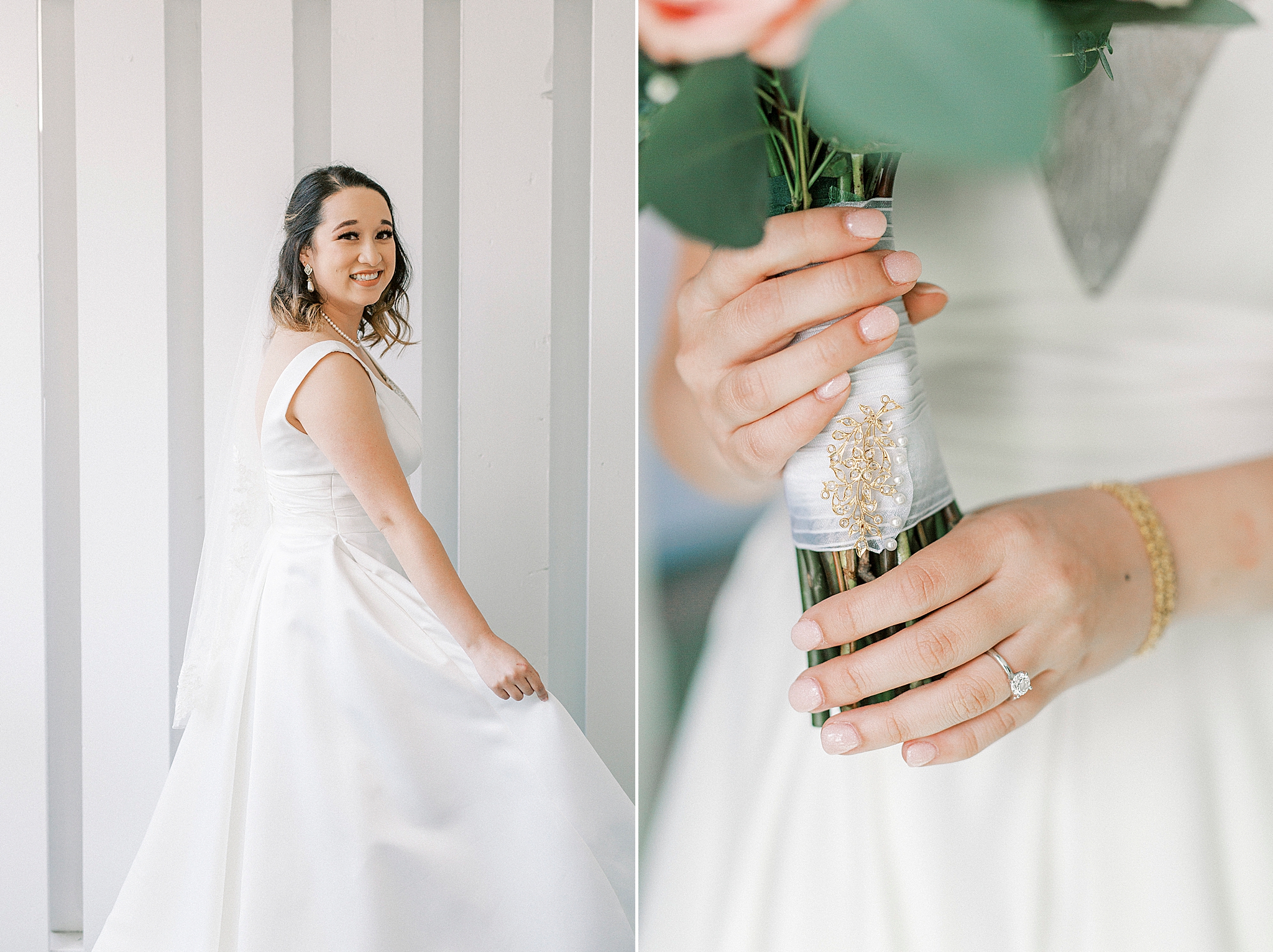 bride holds bouquet before NC wedding