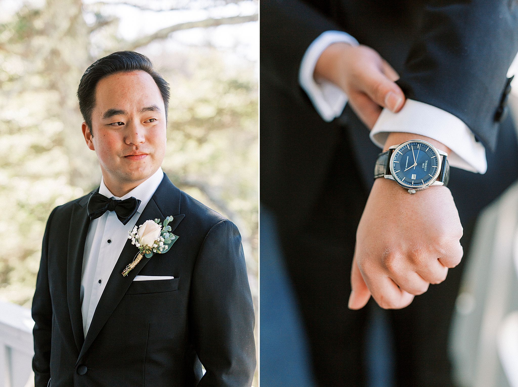 groom adjusts suit jacket over watch