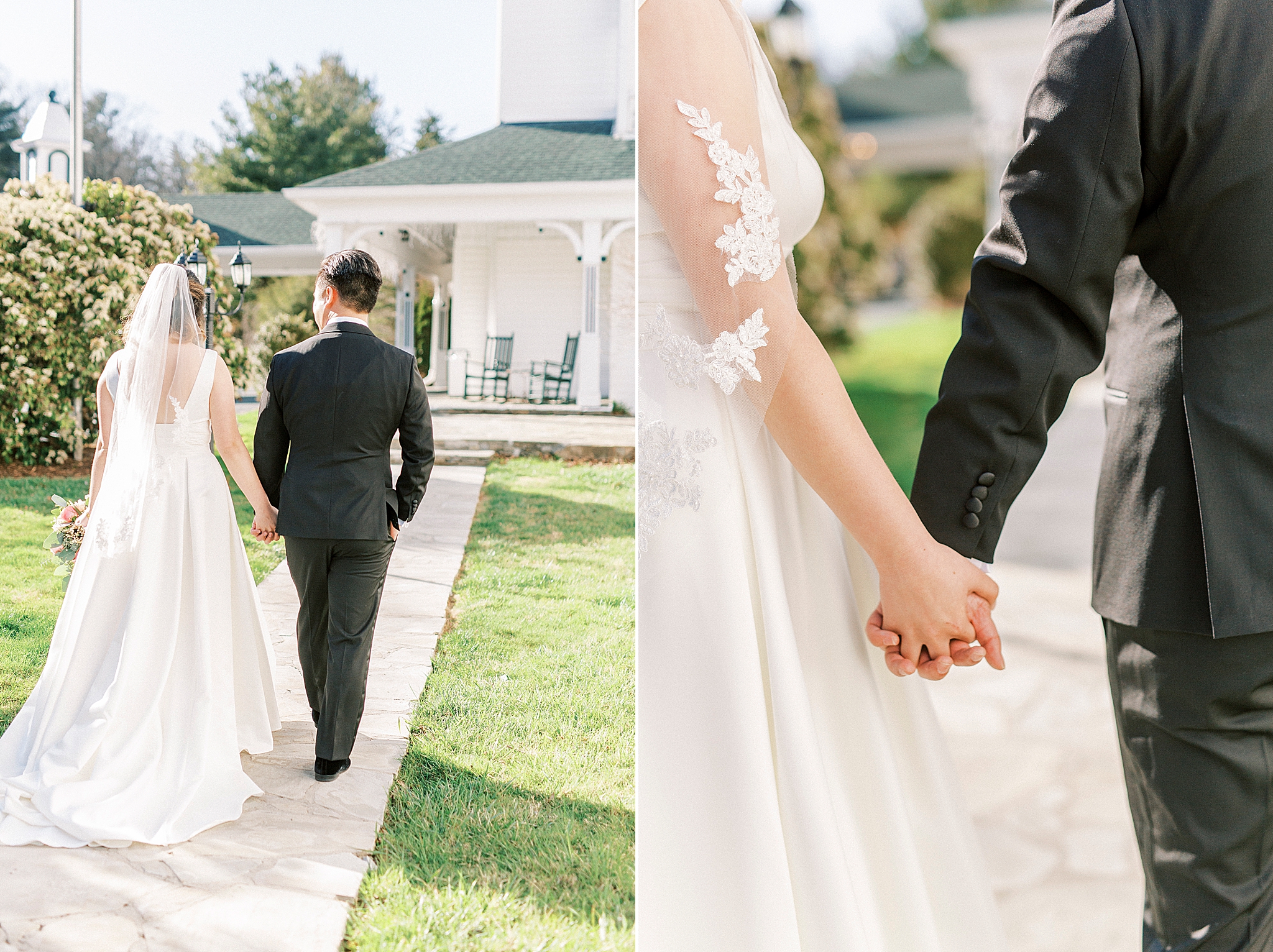 bride and groom hold hands and walk on pathway at Green Park Inn