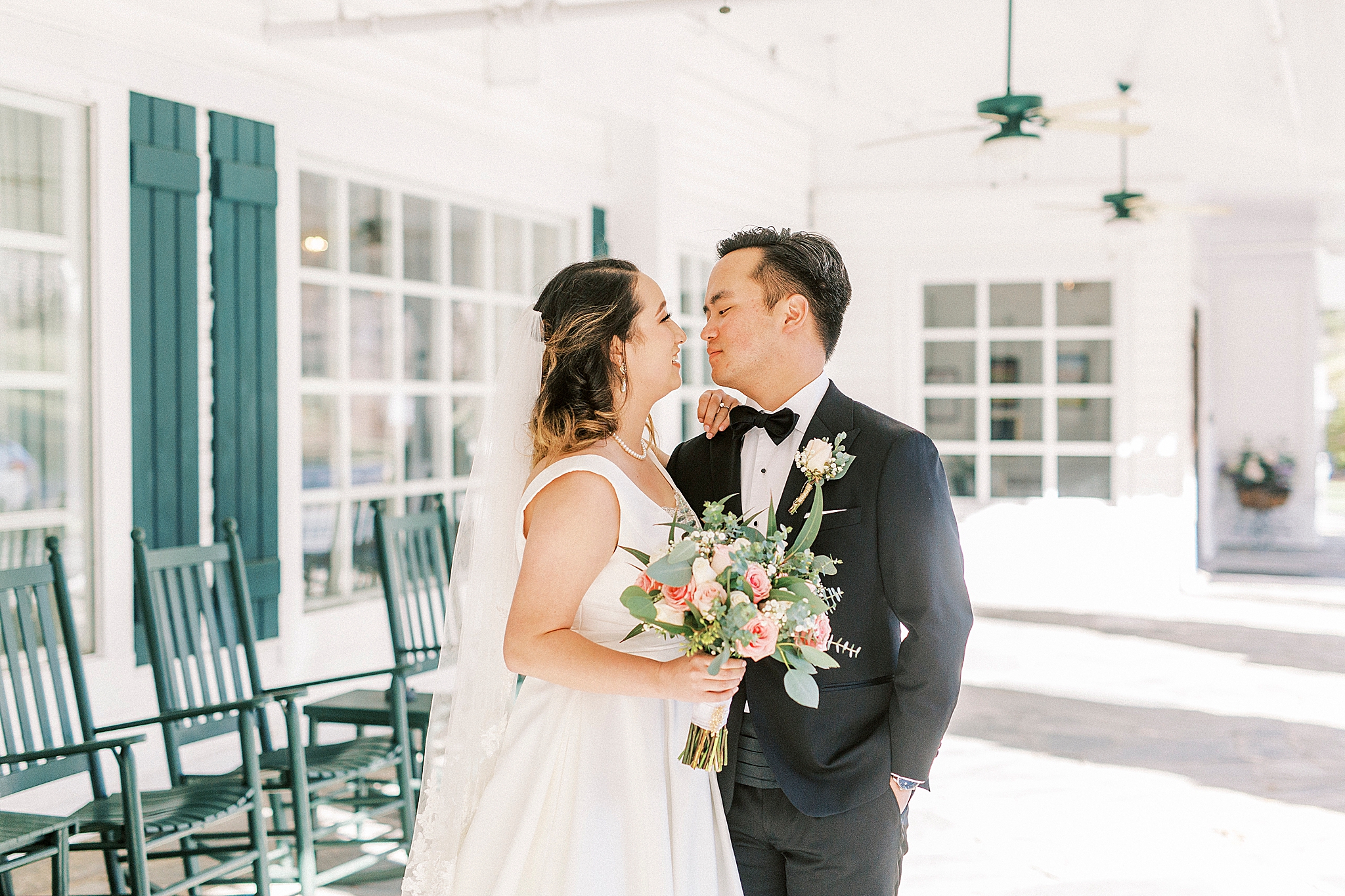 bride and groom look at each other during Blowing Rock NC wedding photos