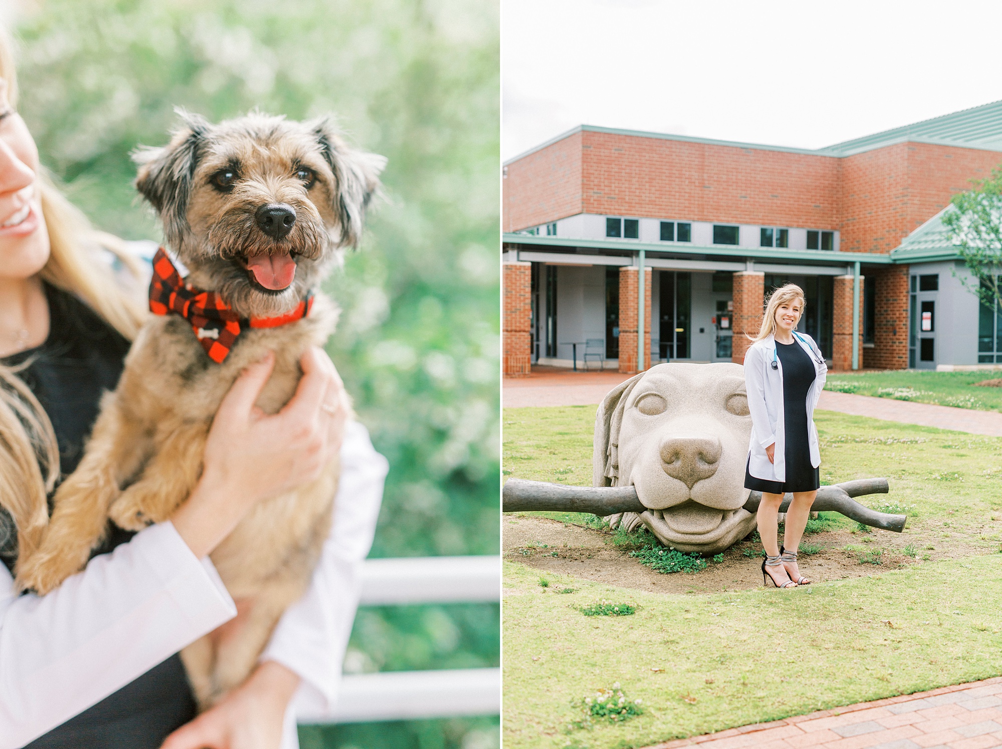 vet school graduate poses with dog outside NC State Vet School