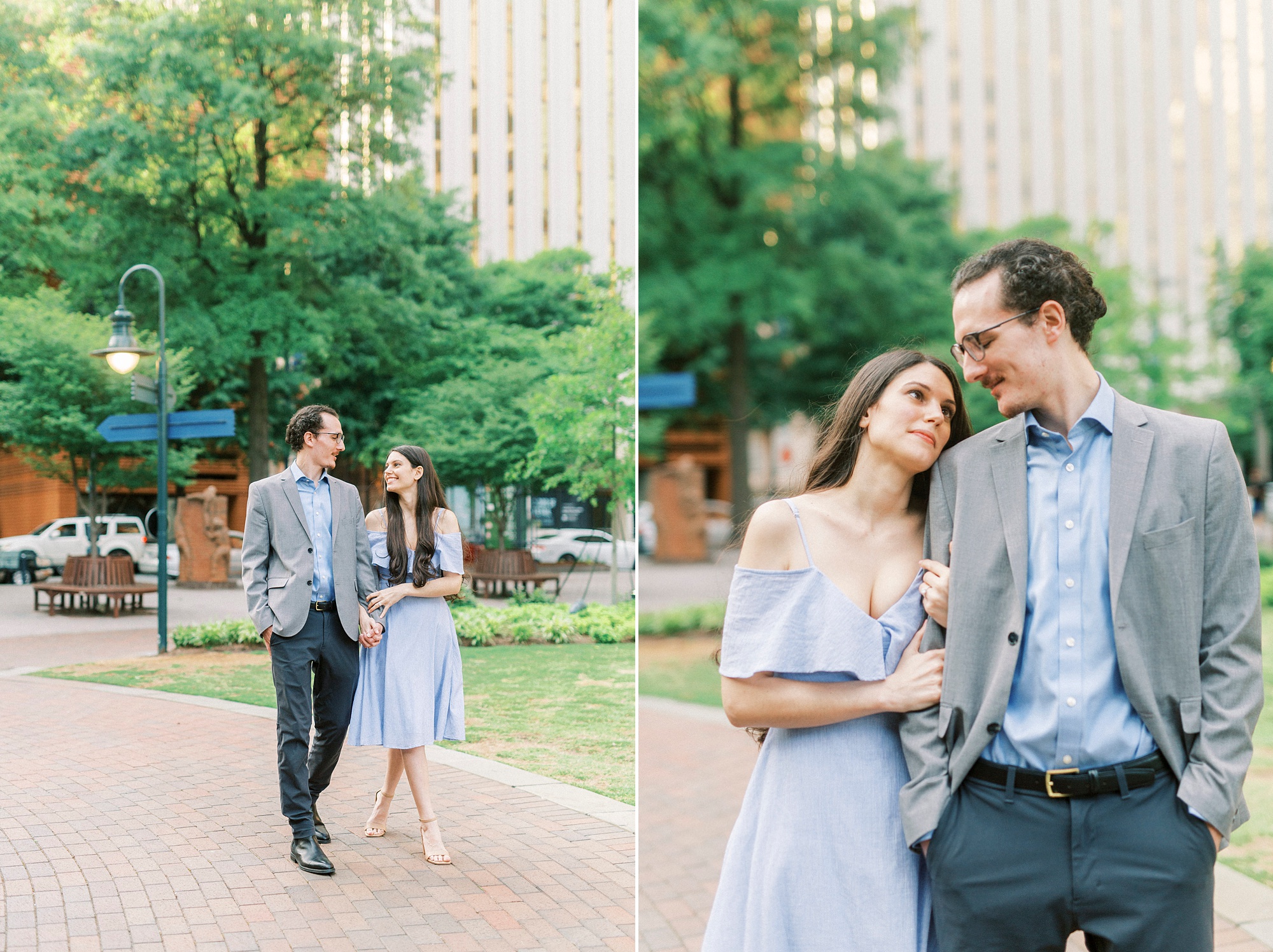 bride leans on groom's arm during The Green Charlotte engagement session