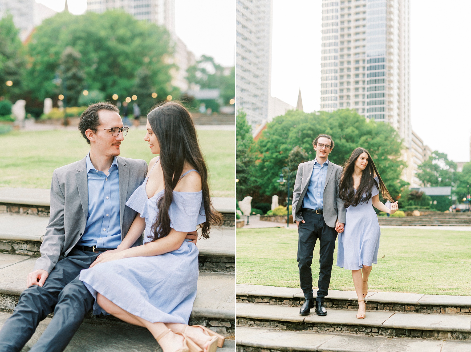 engaged couple poses in Uptown Charlotte NC park