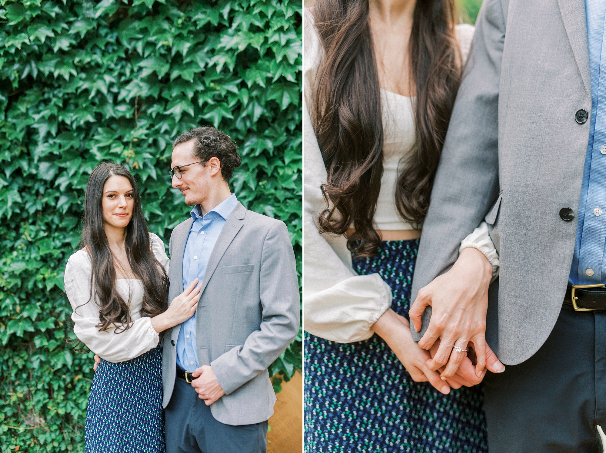 chic engagement portraits by ivy covered wall