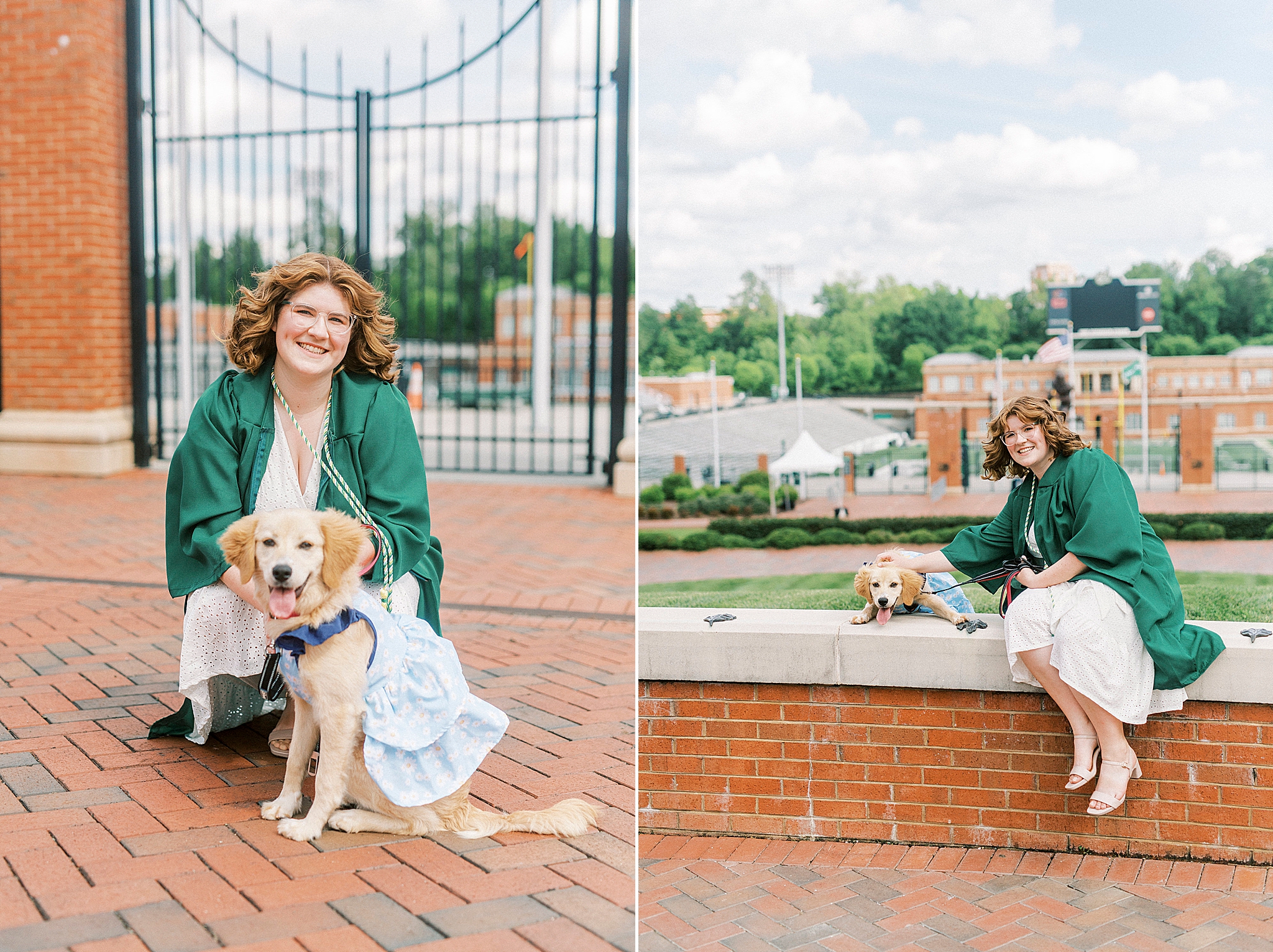 graduate poses with dog by UNCC football field