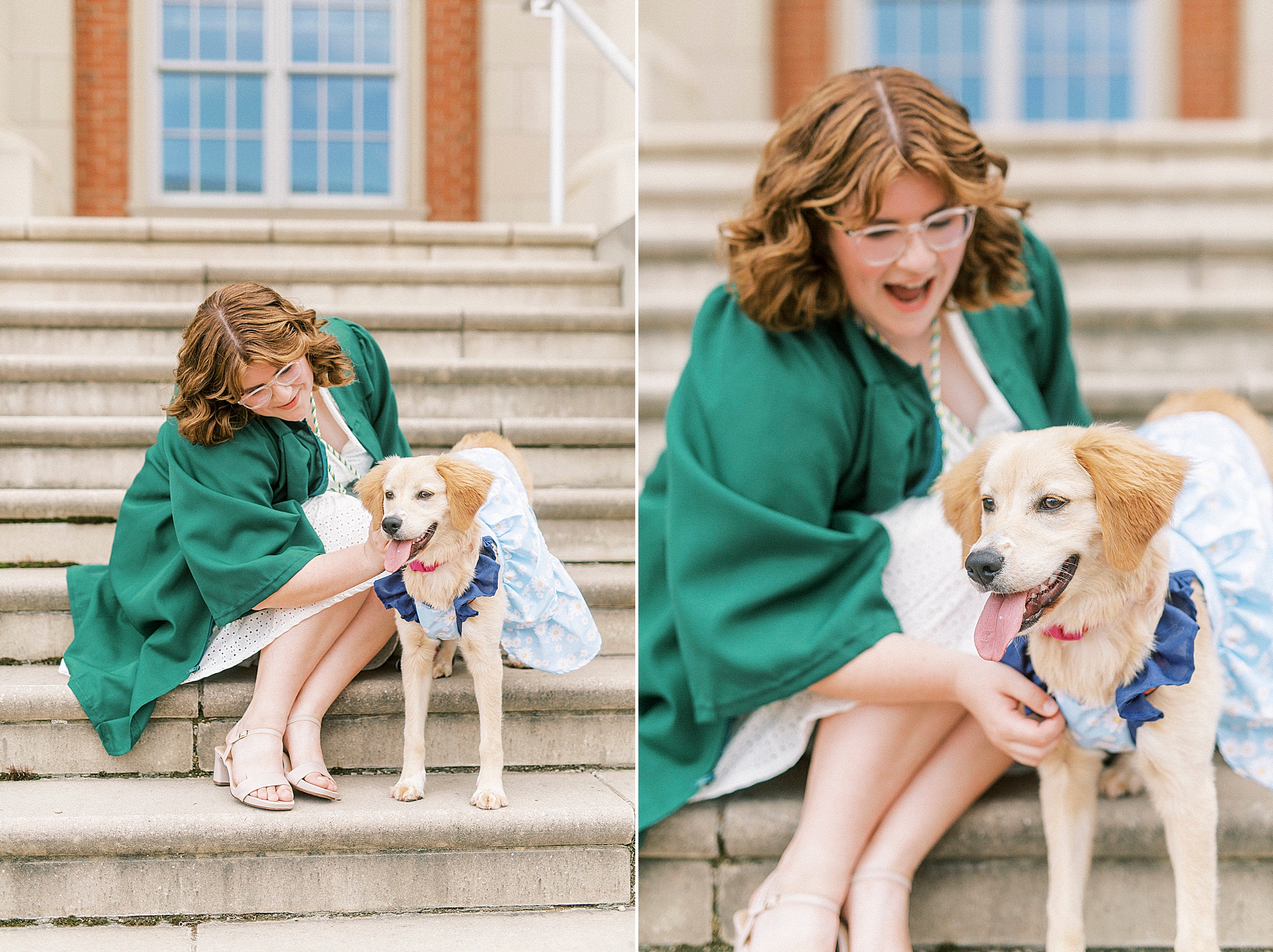 graduate sits with dog on steps at UNCC