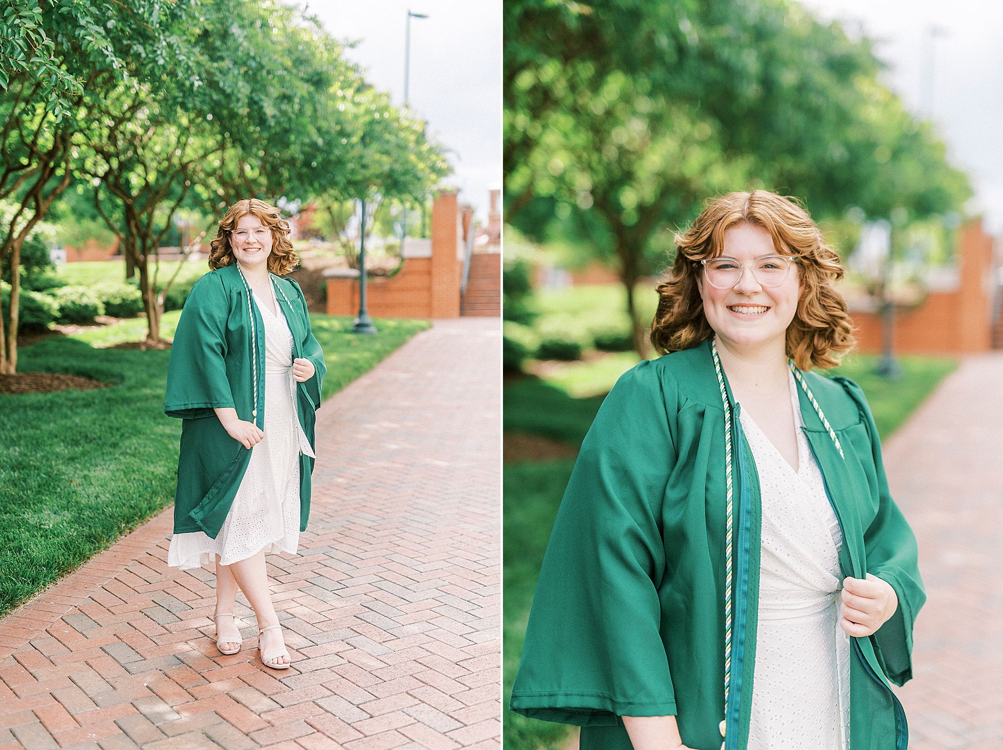 UNCC graduate poses on campus in green robe