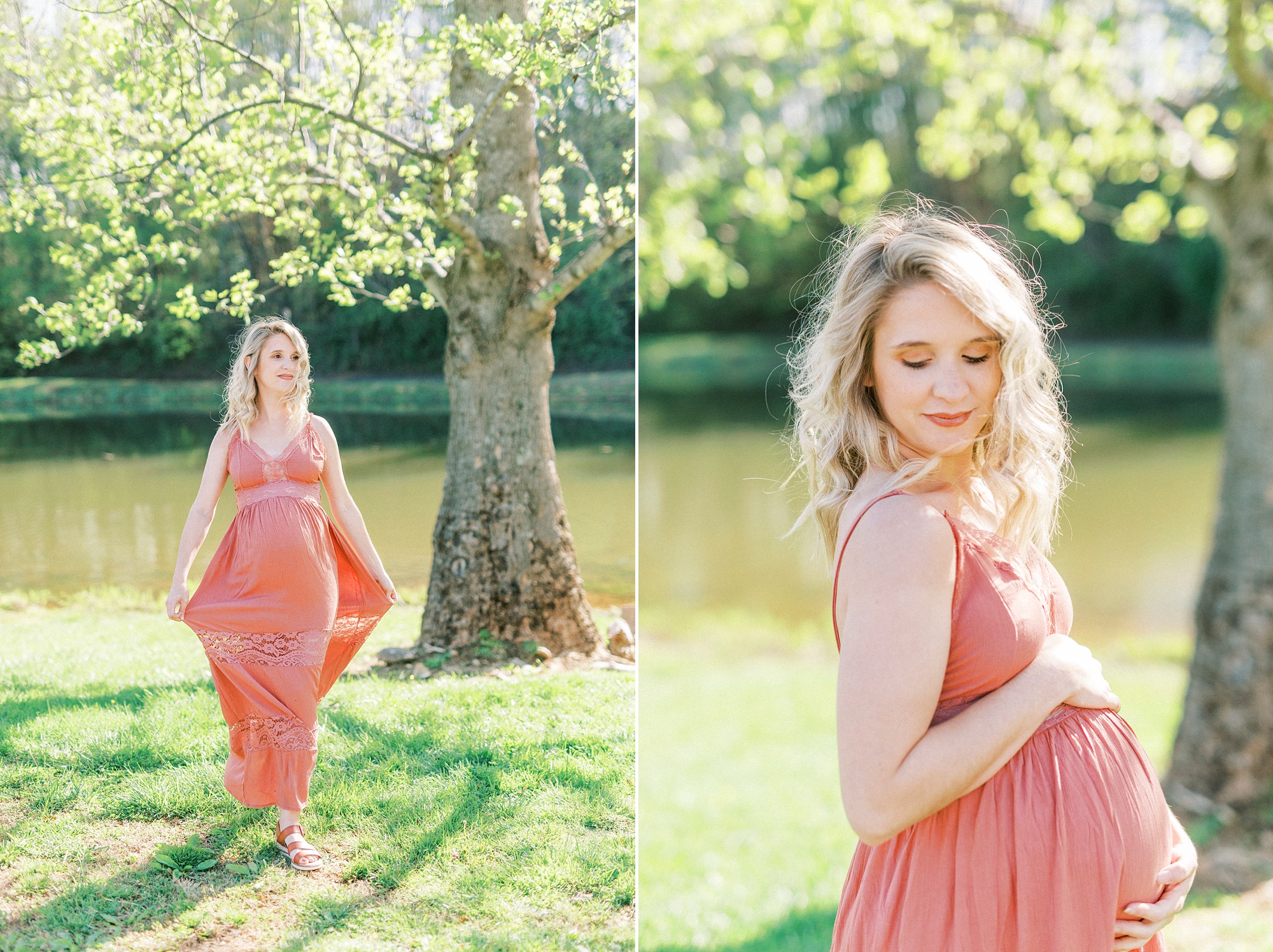 expecting mother in pink sundress smiles during maternity photos