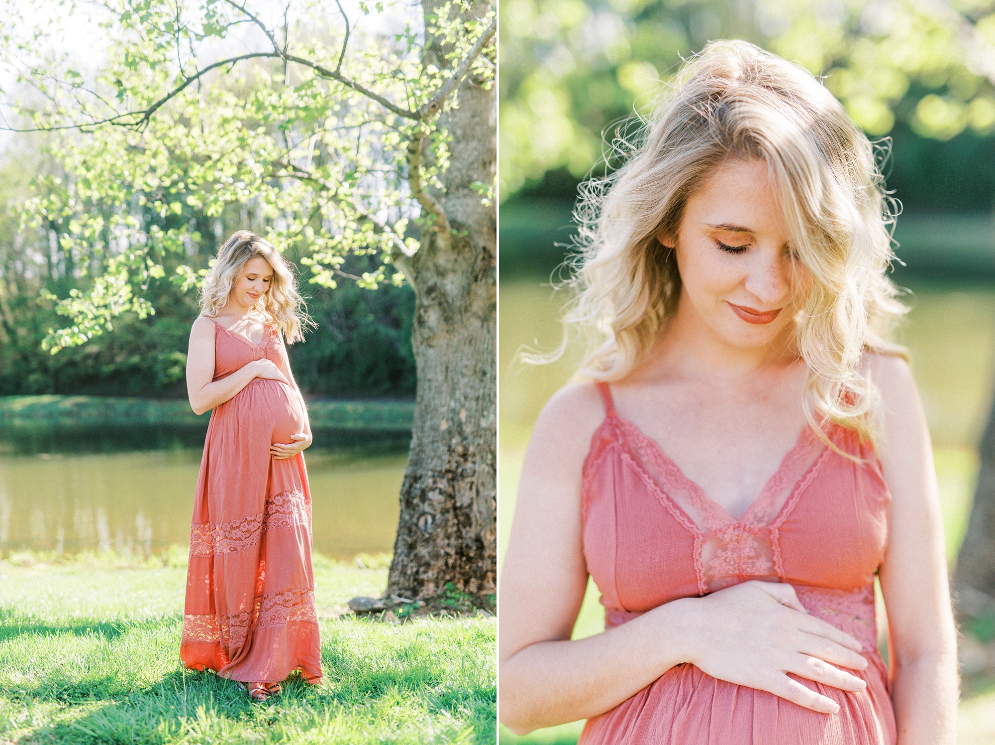 expecting mother in pink sundress holds belly and looks down