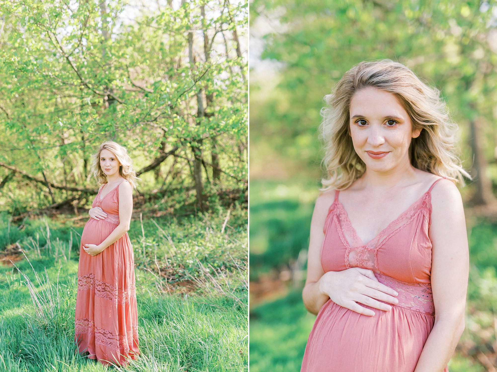 Winston-Salem maternity photos for woman in pink gown in field