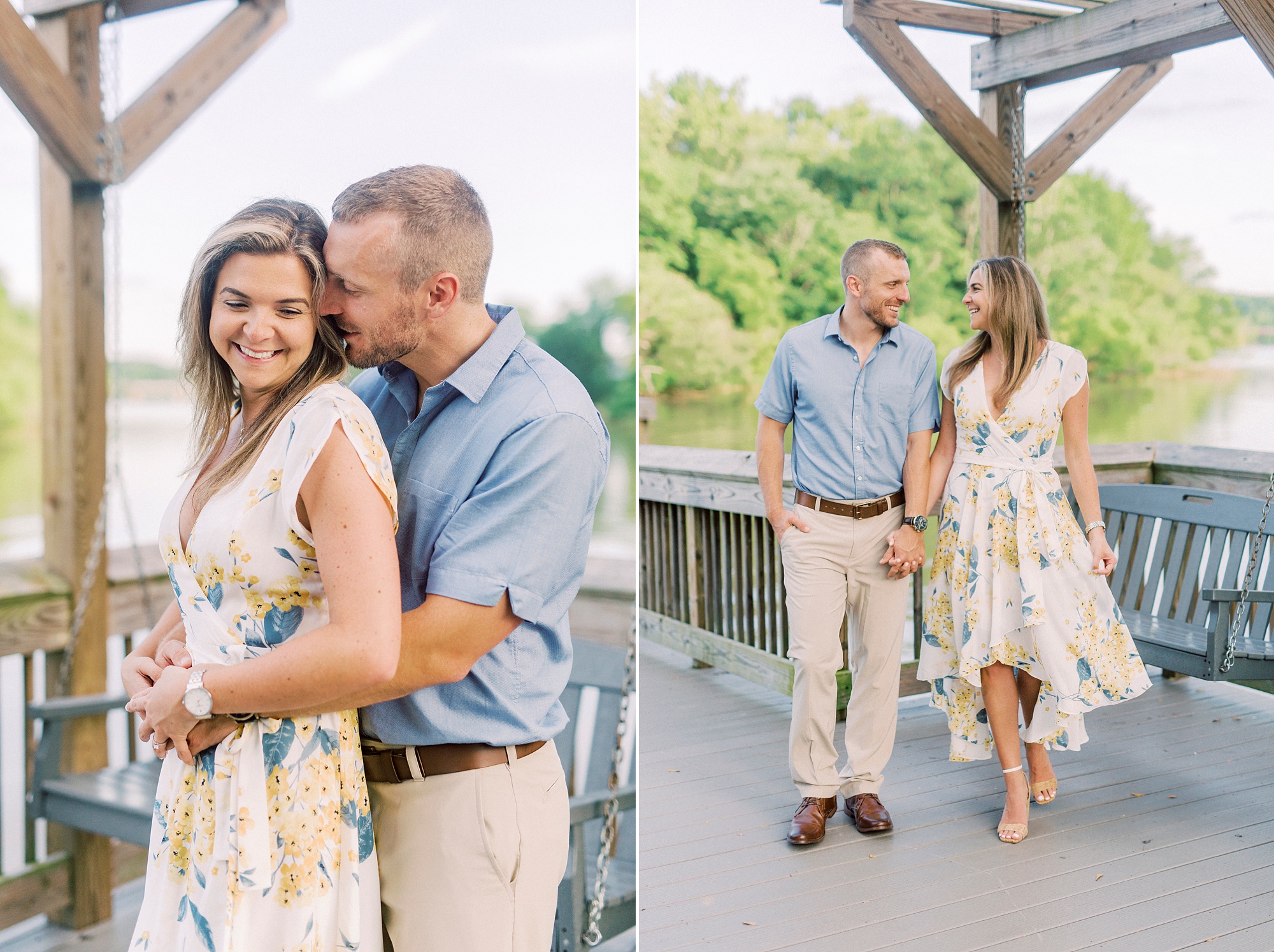 couple hugs on wooden pier during Downtown Belmont engagement session