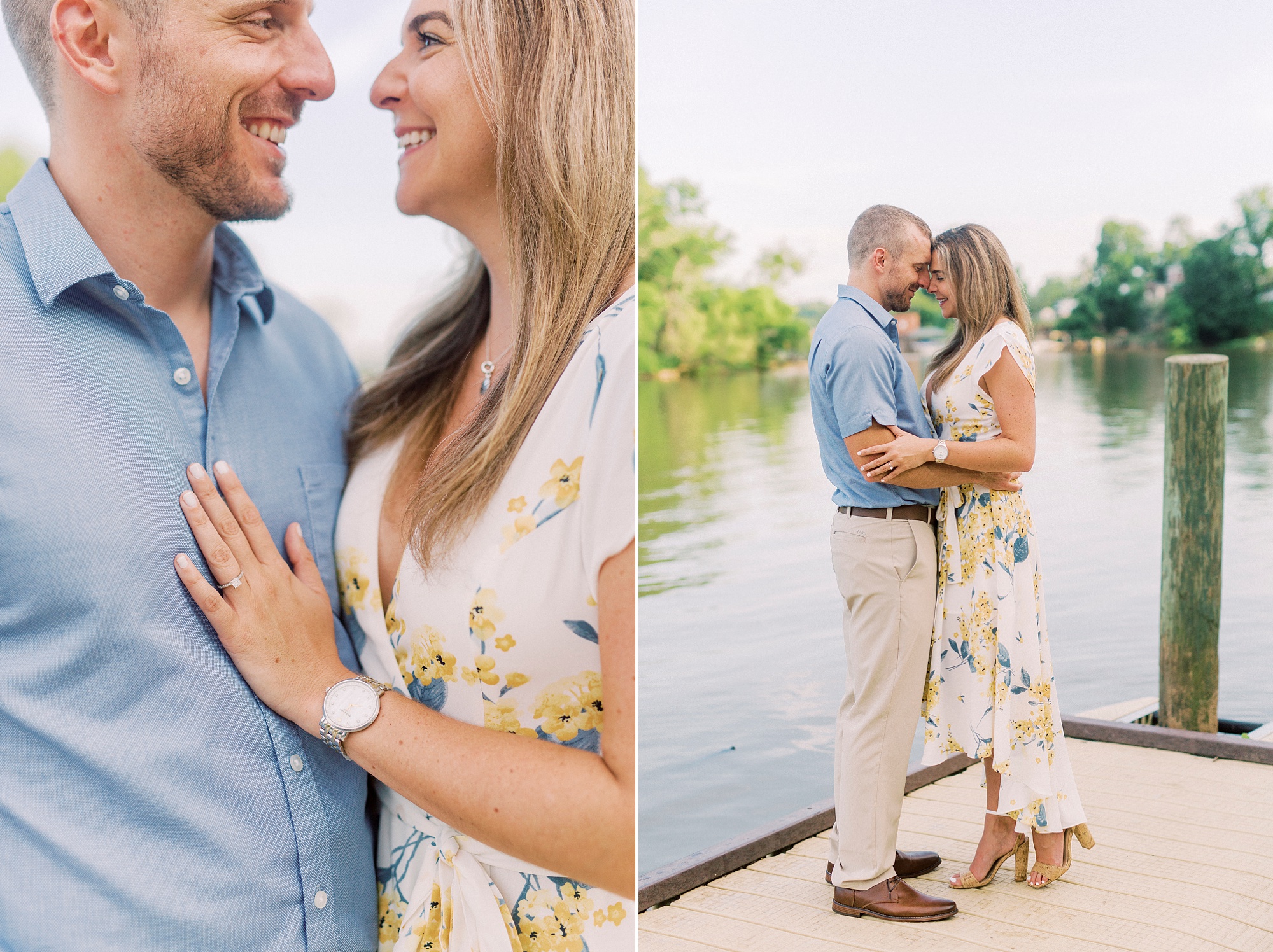engaged couple hugs touching foreheads during NC engagement photos