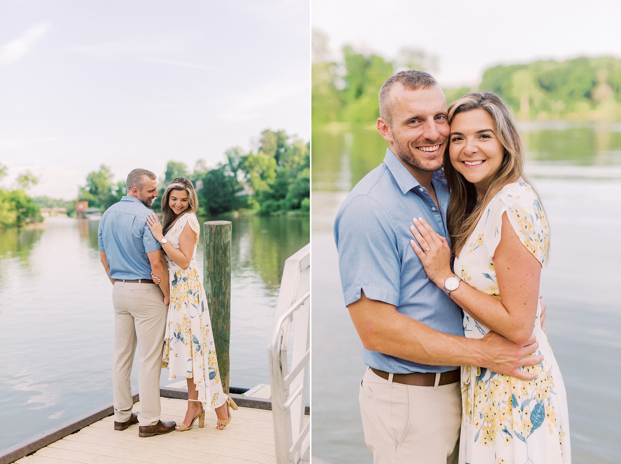 engaged couple hugs on pier during engagement photos in Kevin Loftin Pier
