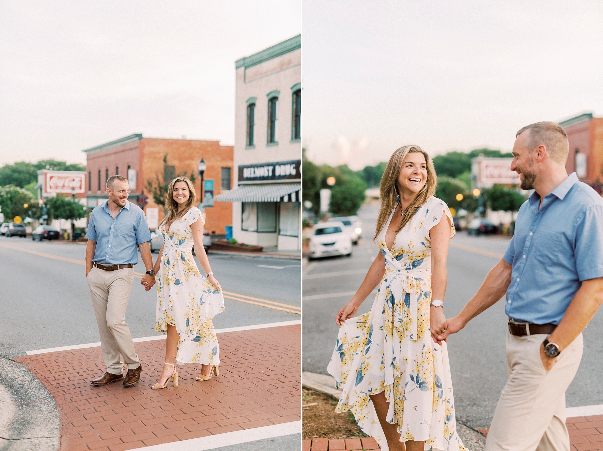 Downtown Belmont engagement session with couple walking through crosswalk