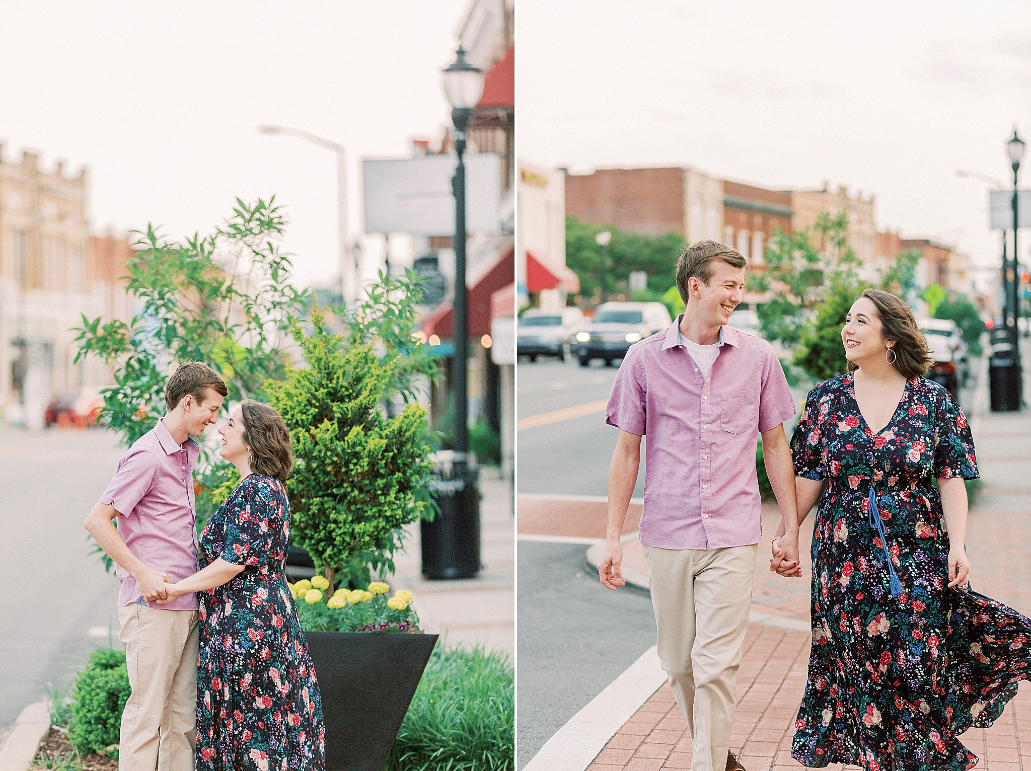 married couple walks down street during Downtown Mooresville portraits