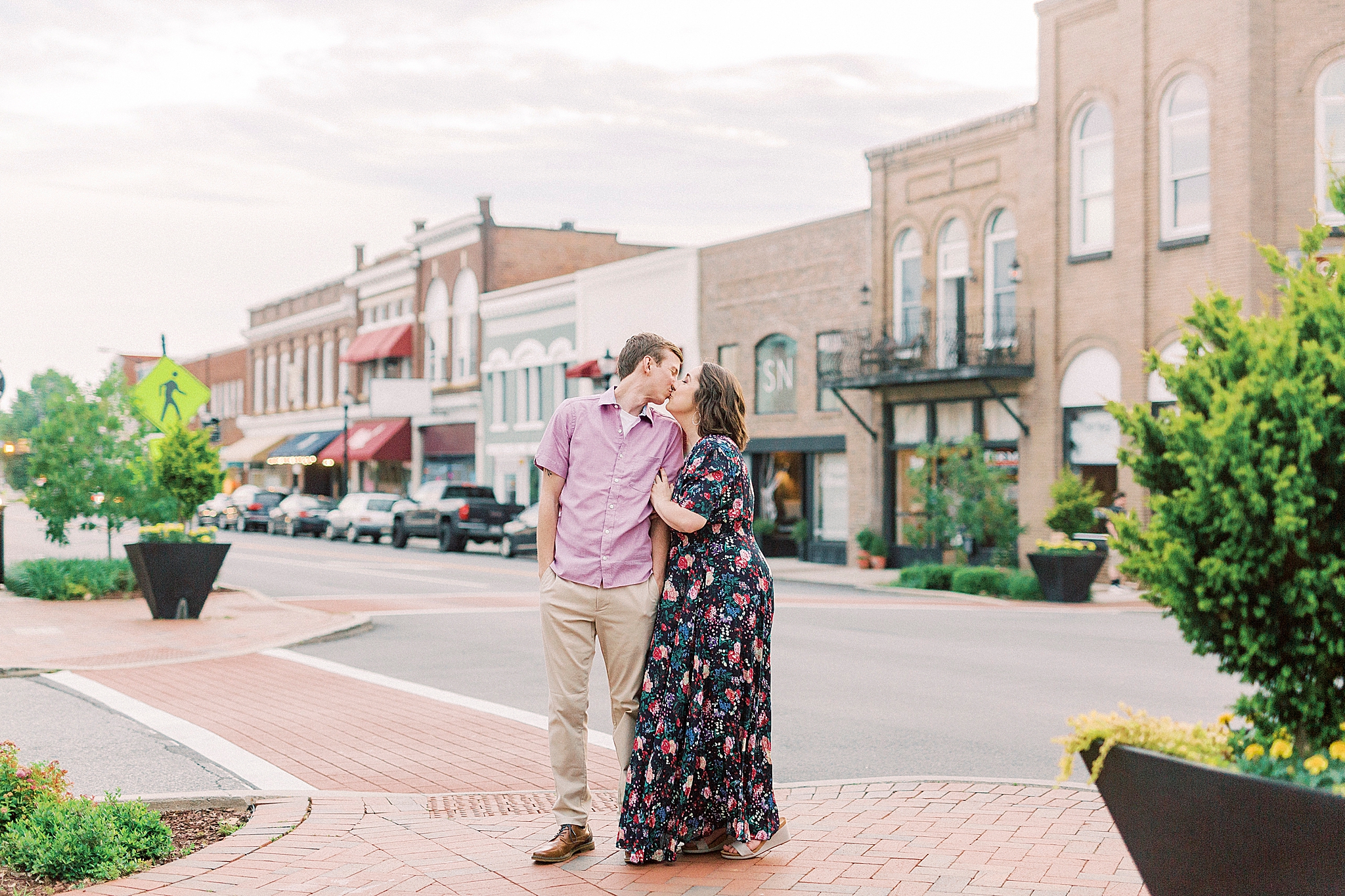 sunset anniversary portraits in Downtown Mooresville