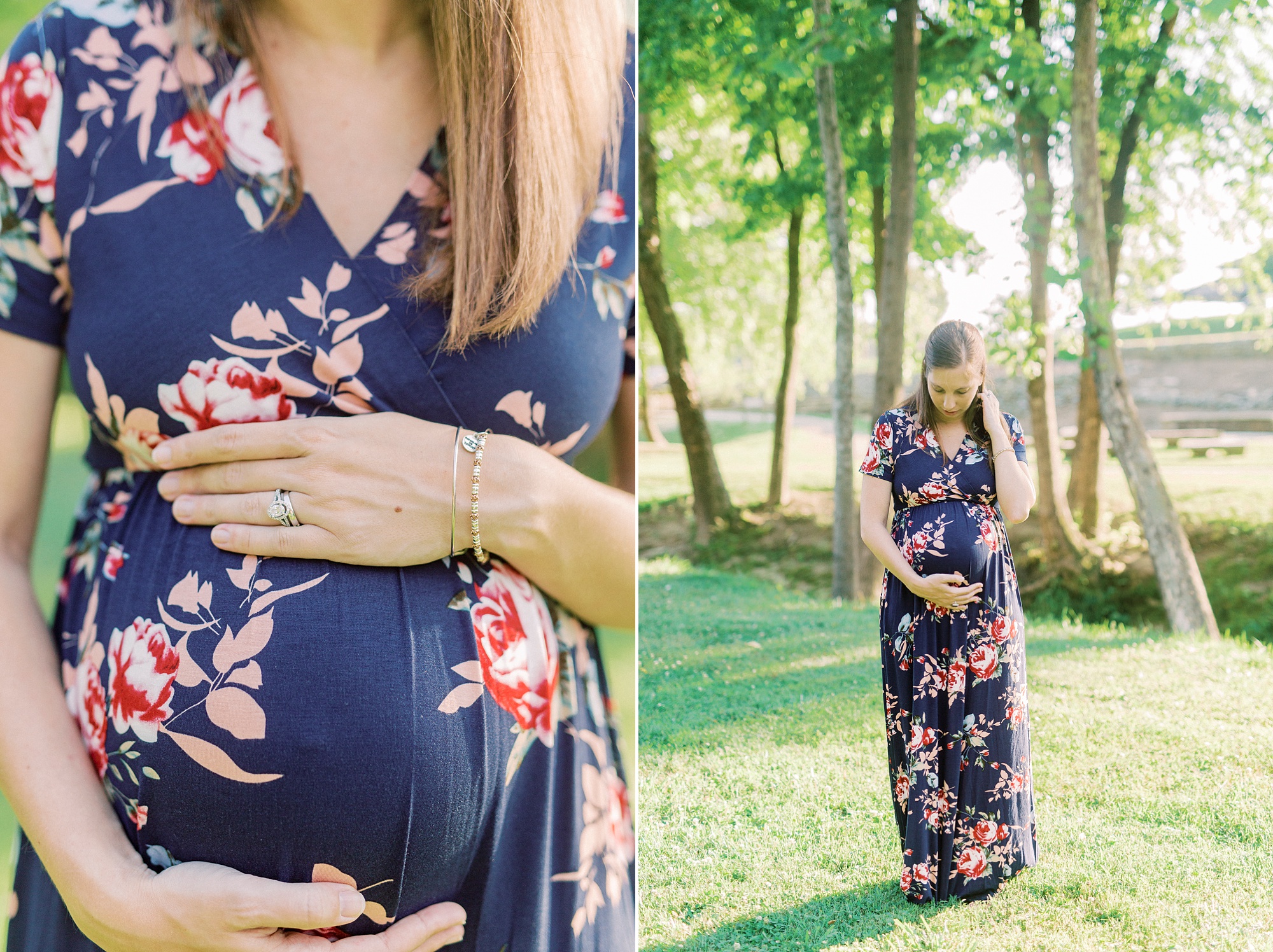 mom in blue dress with flowers holds belly and looks down during Rankin Lake Park maternity session