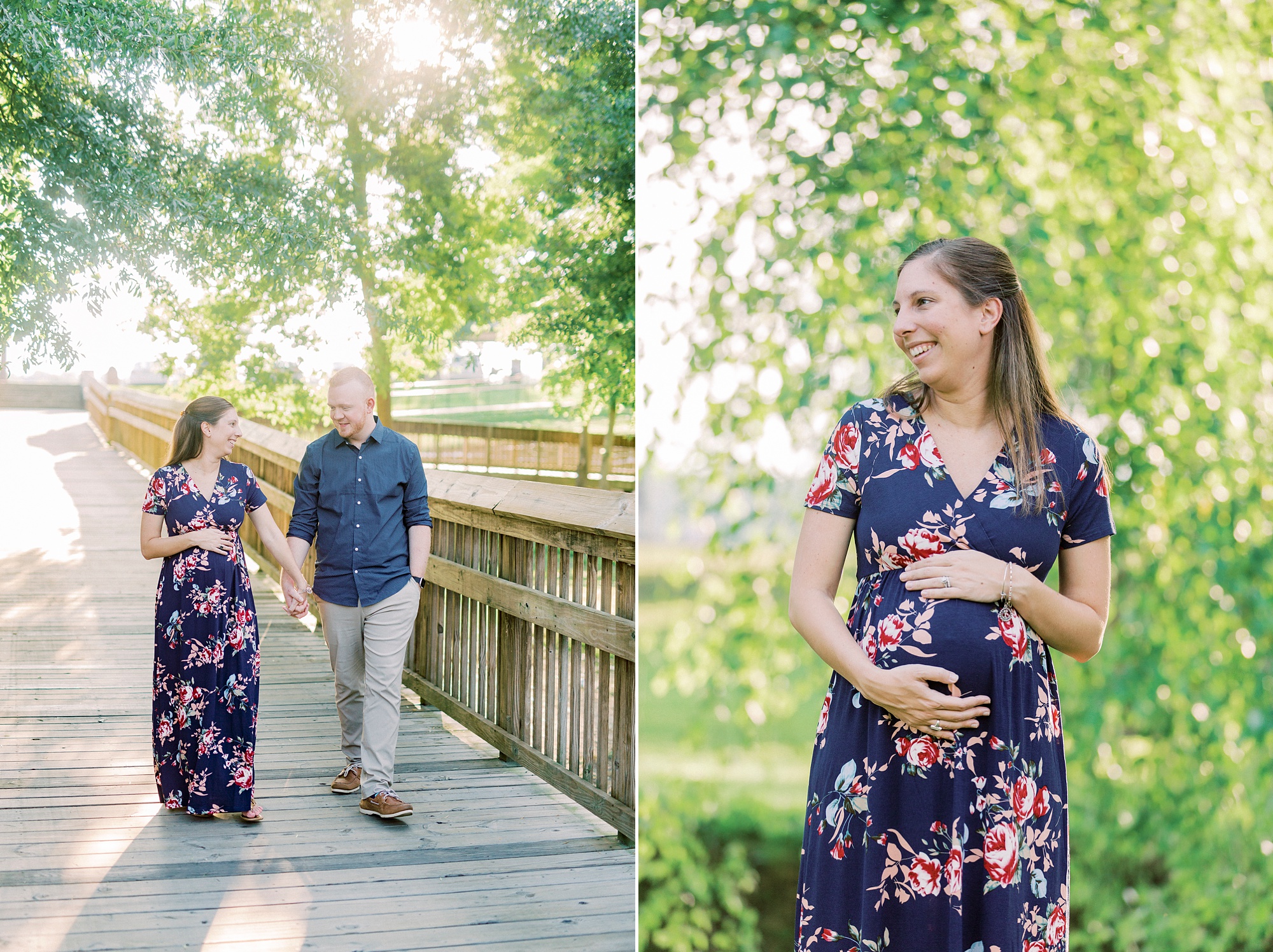 expecting mother holds belly standing on wooden bridge