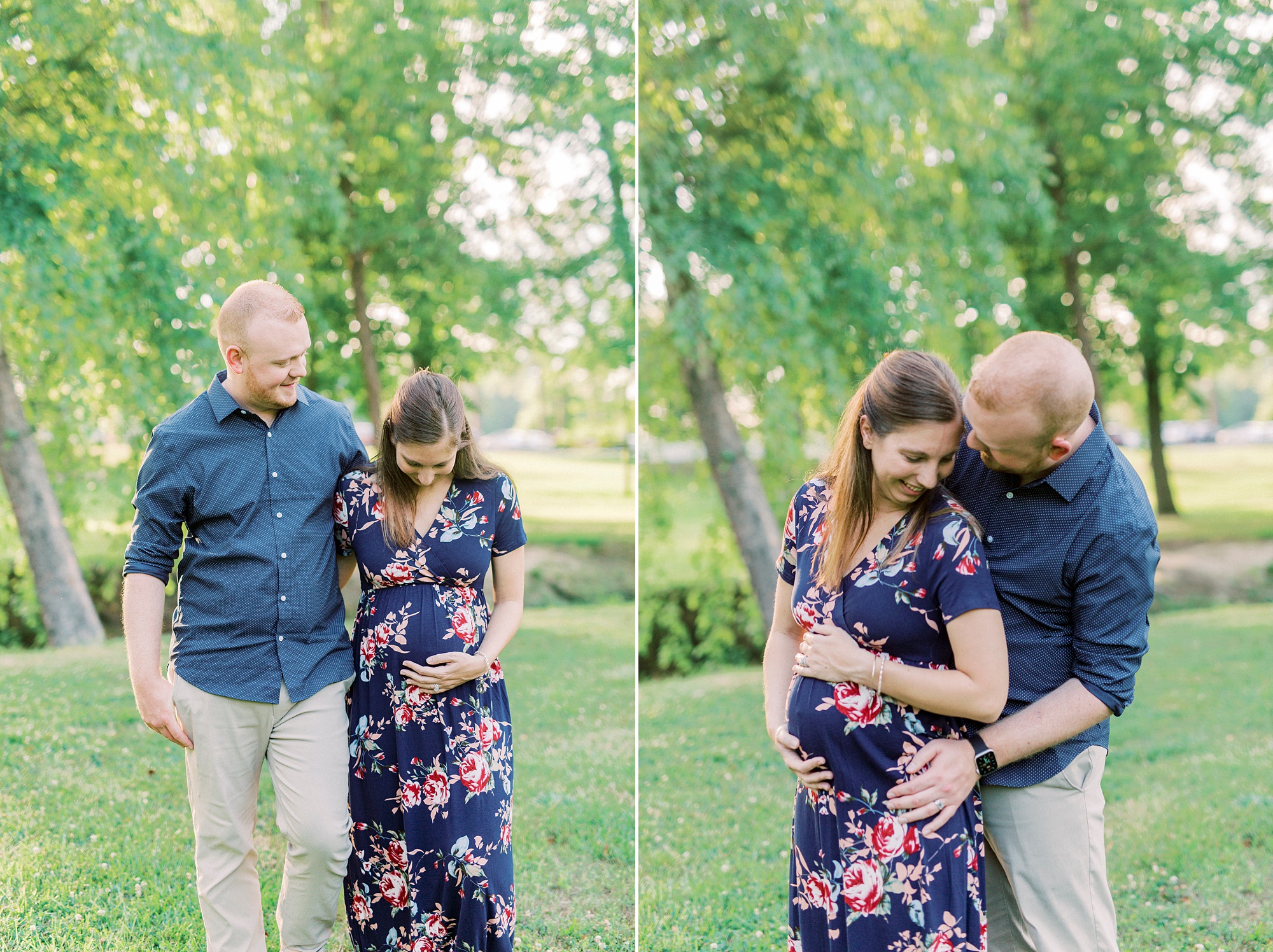couple laughs together during maternity photos in Rankin Lake Park