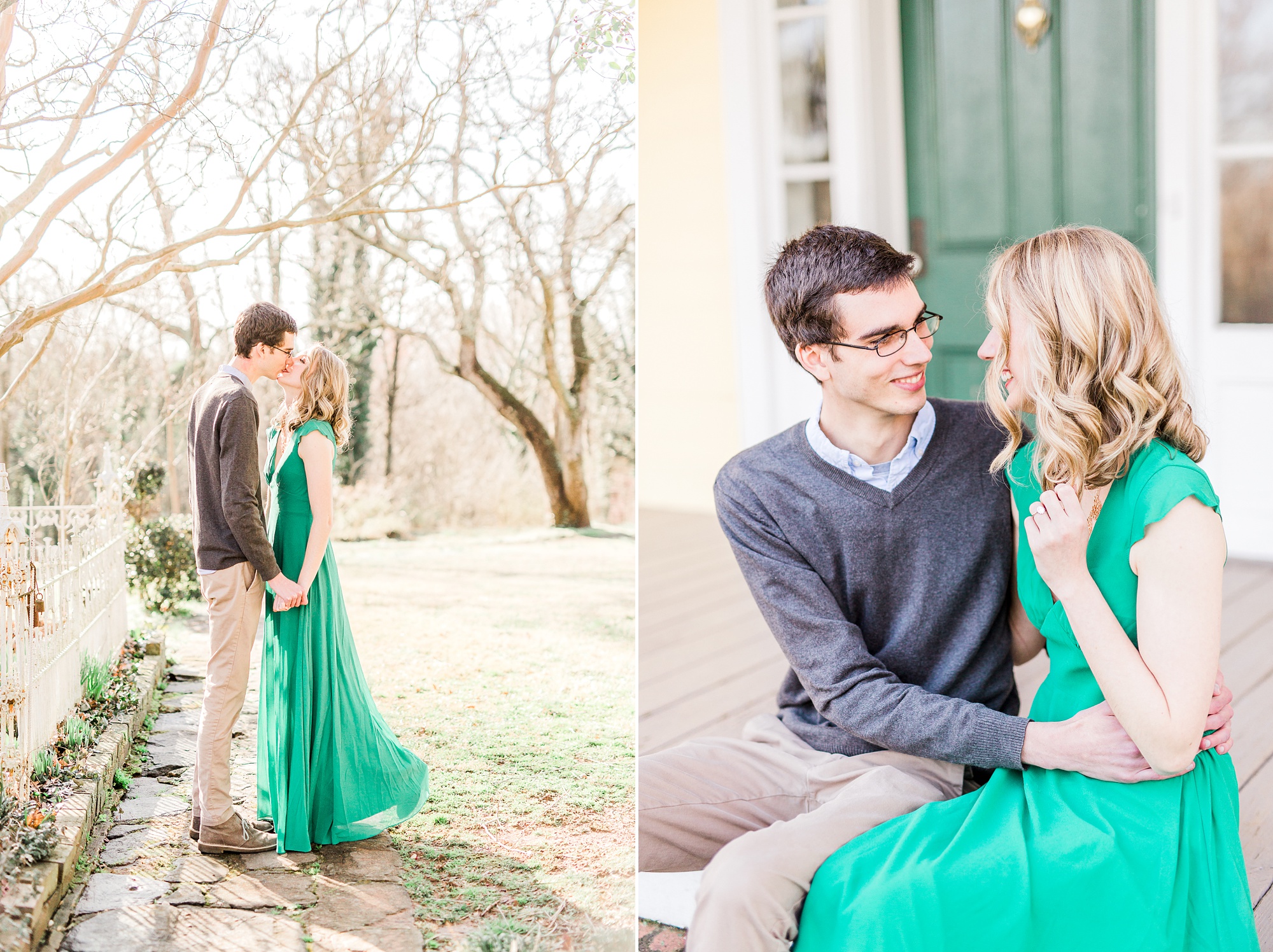 winter engagement portraits on front porch of the 1812 Hitching Post