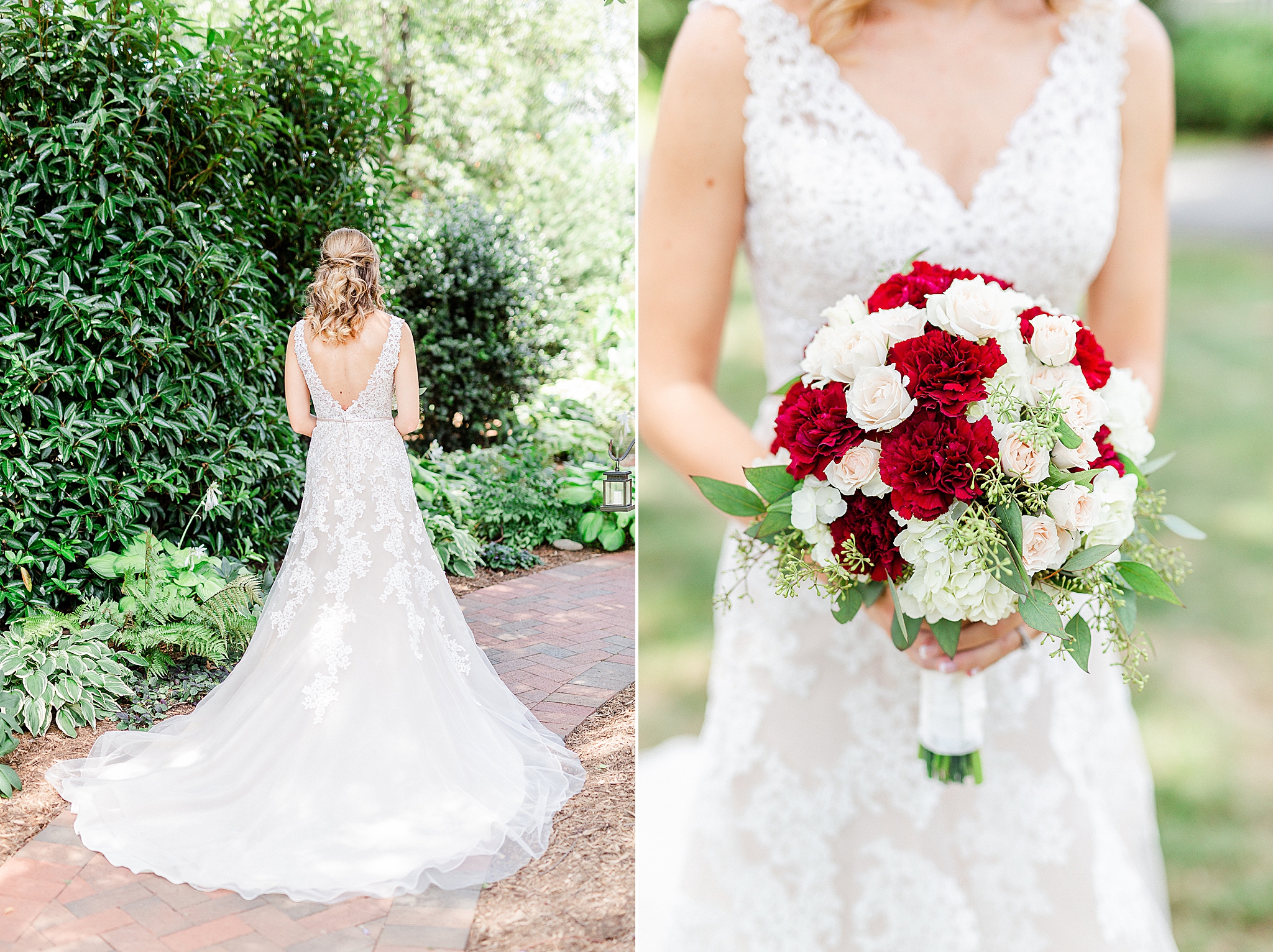 classic Alexander Homestead bridal portraits with bride holding red and white flowers