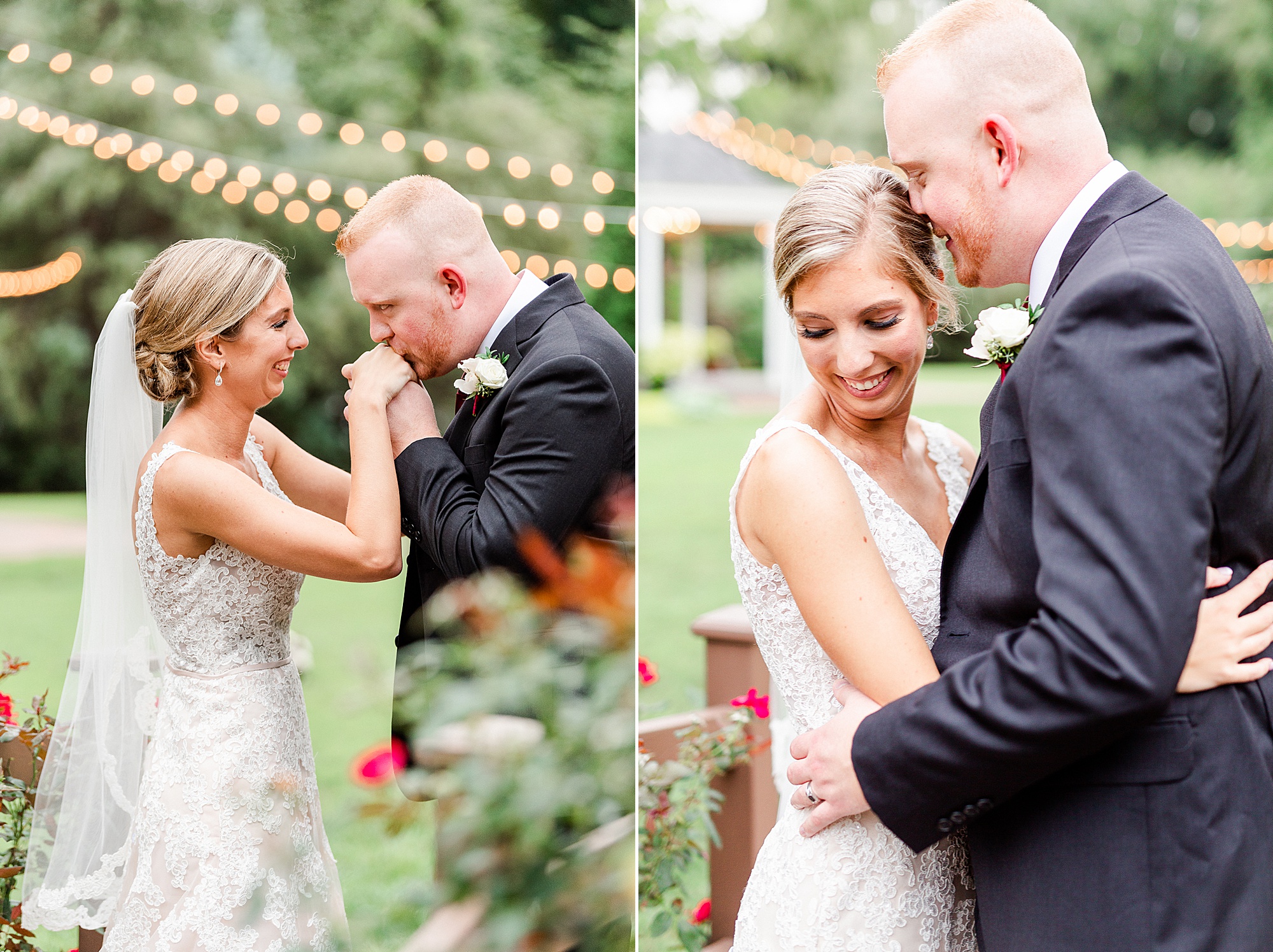 newlyweds laugh together in garden at Alexander Homestead