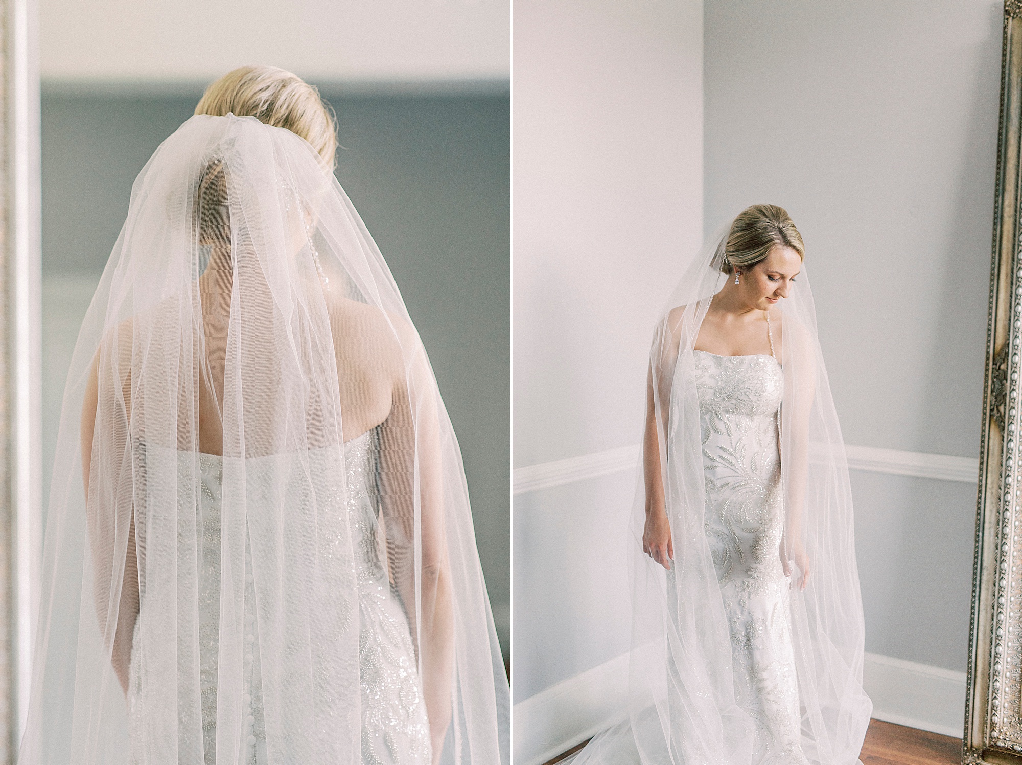 bride poses with veil around shoulders