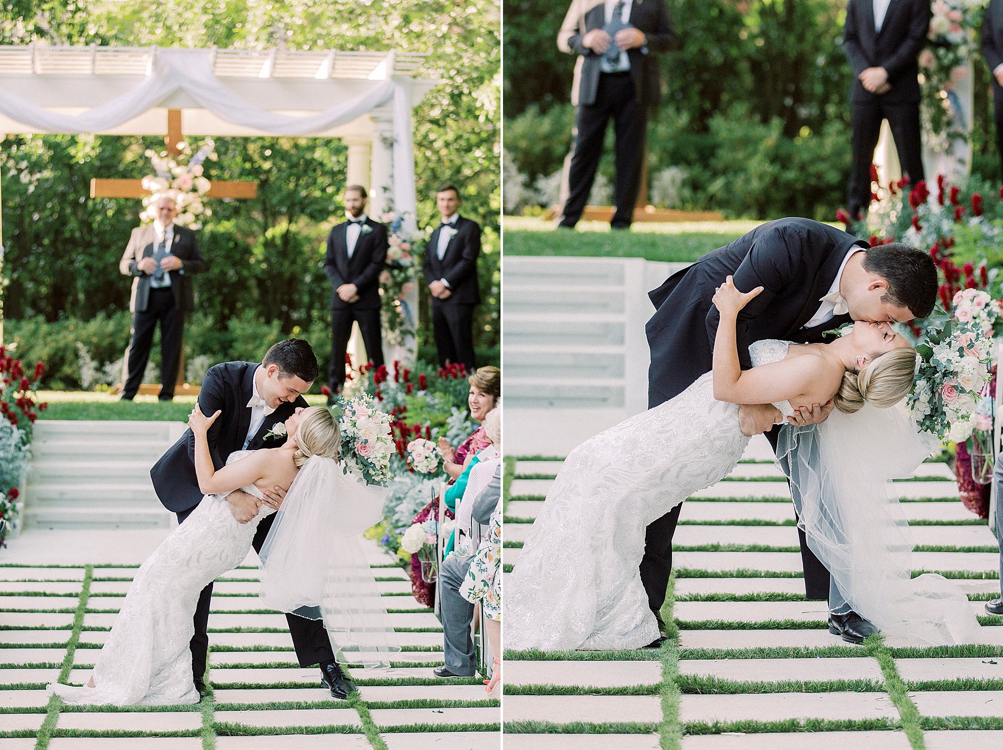 bride and groom kiss during outdoor wedding ceremony at Separk Mansion