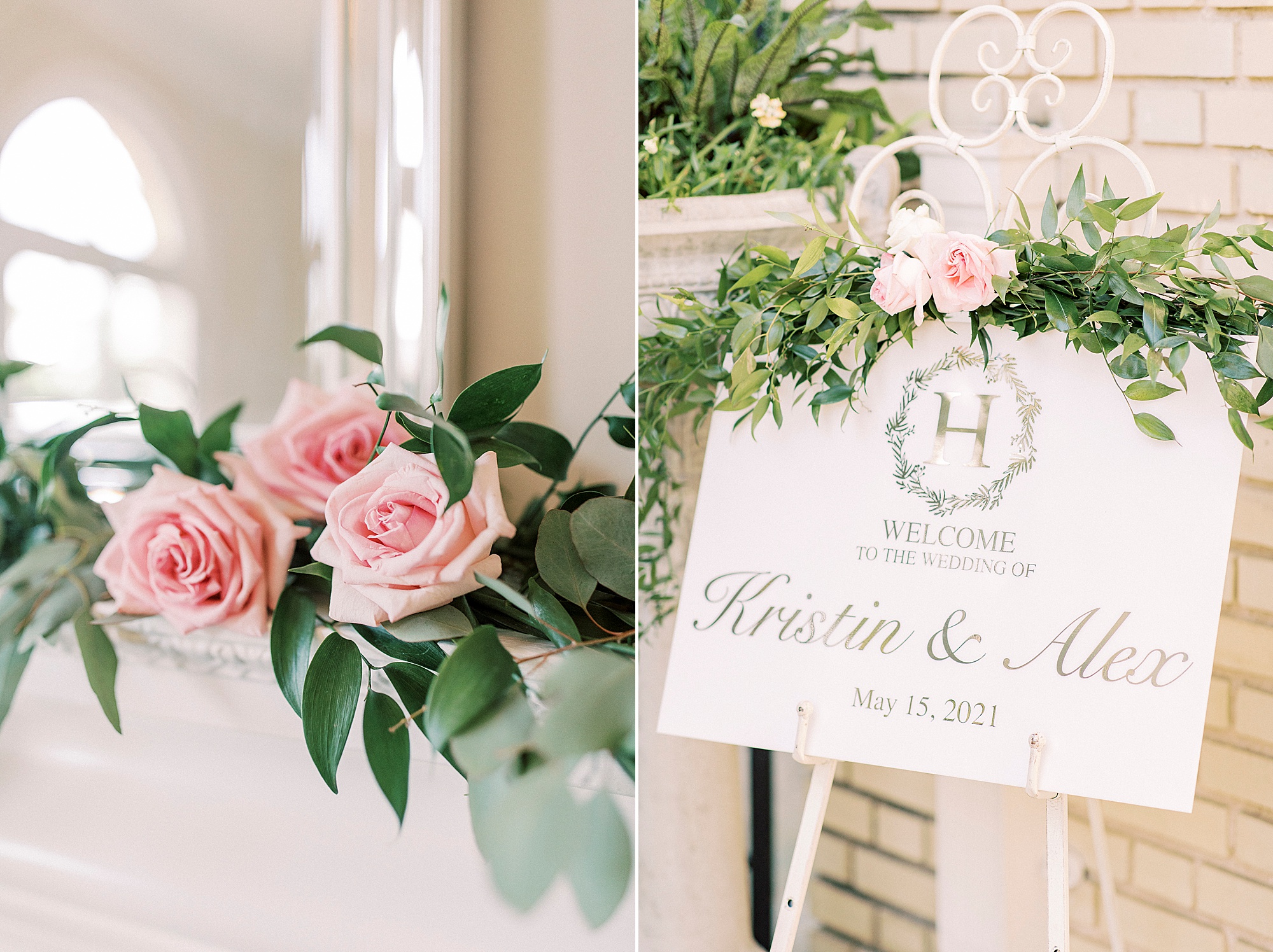 floral display and welcome sign for elegant Charlotte wedding