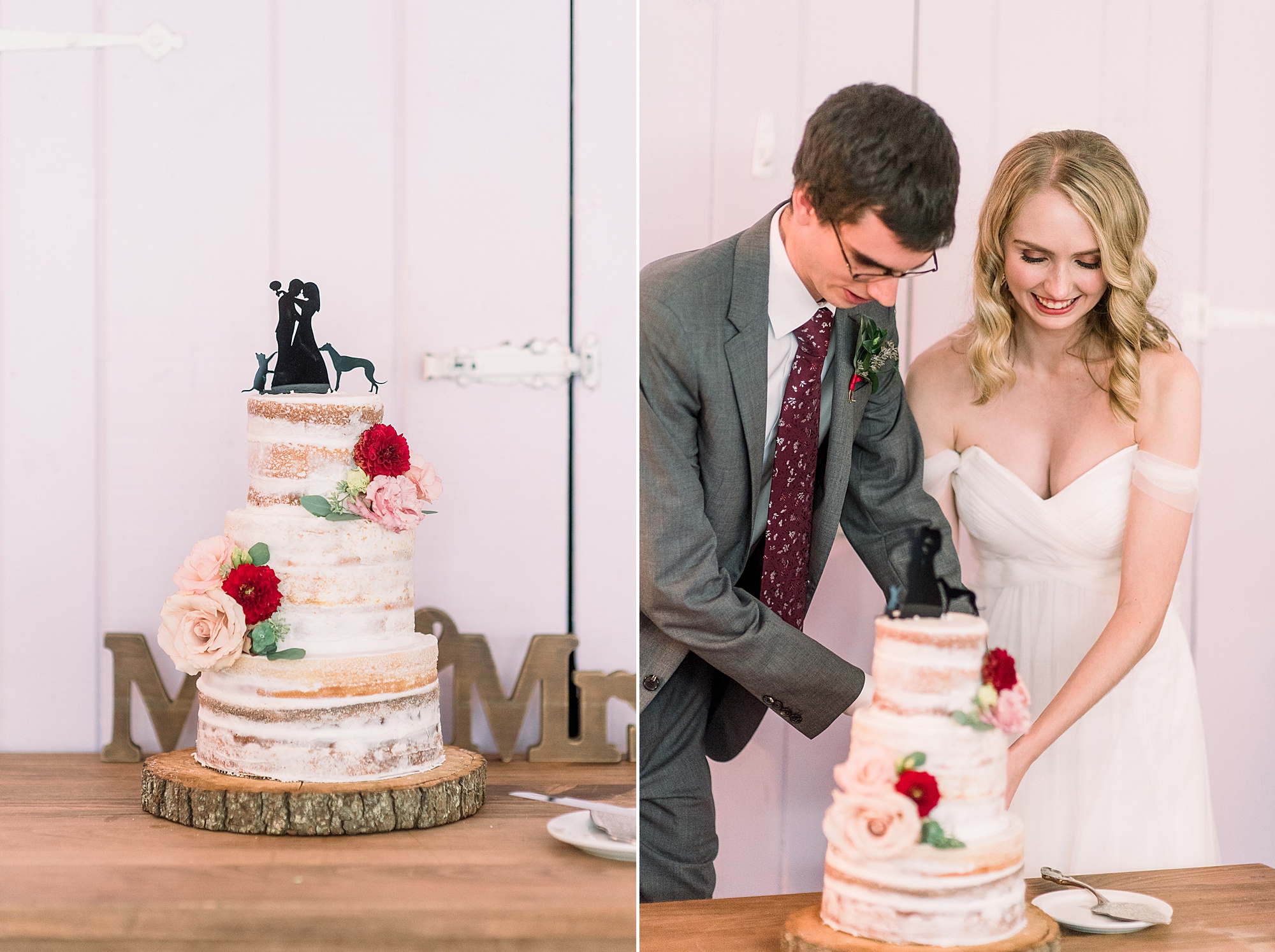 newlyweds cut wedding cake during wedding reception at 1812 Hitching Post