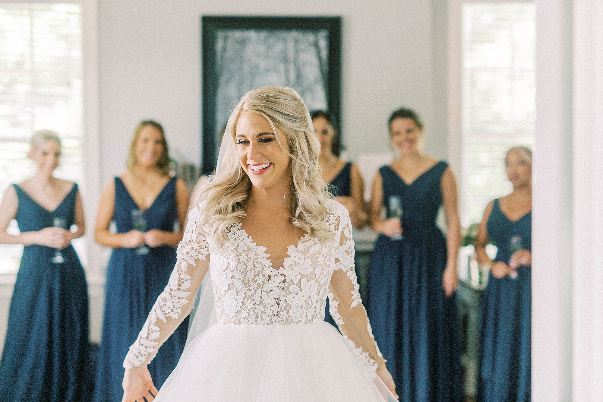 bride shoes Hayden Olivia bridal gown and veil to bridesmaids in navy blue gowns