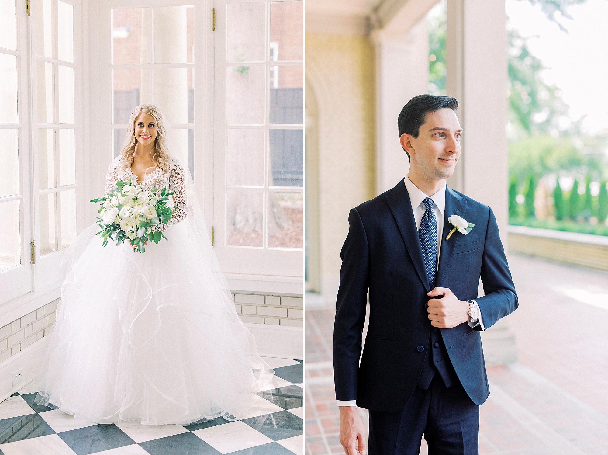 bride and groom pose in sun room of Separk Mansion