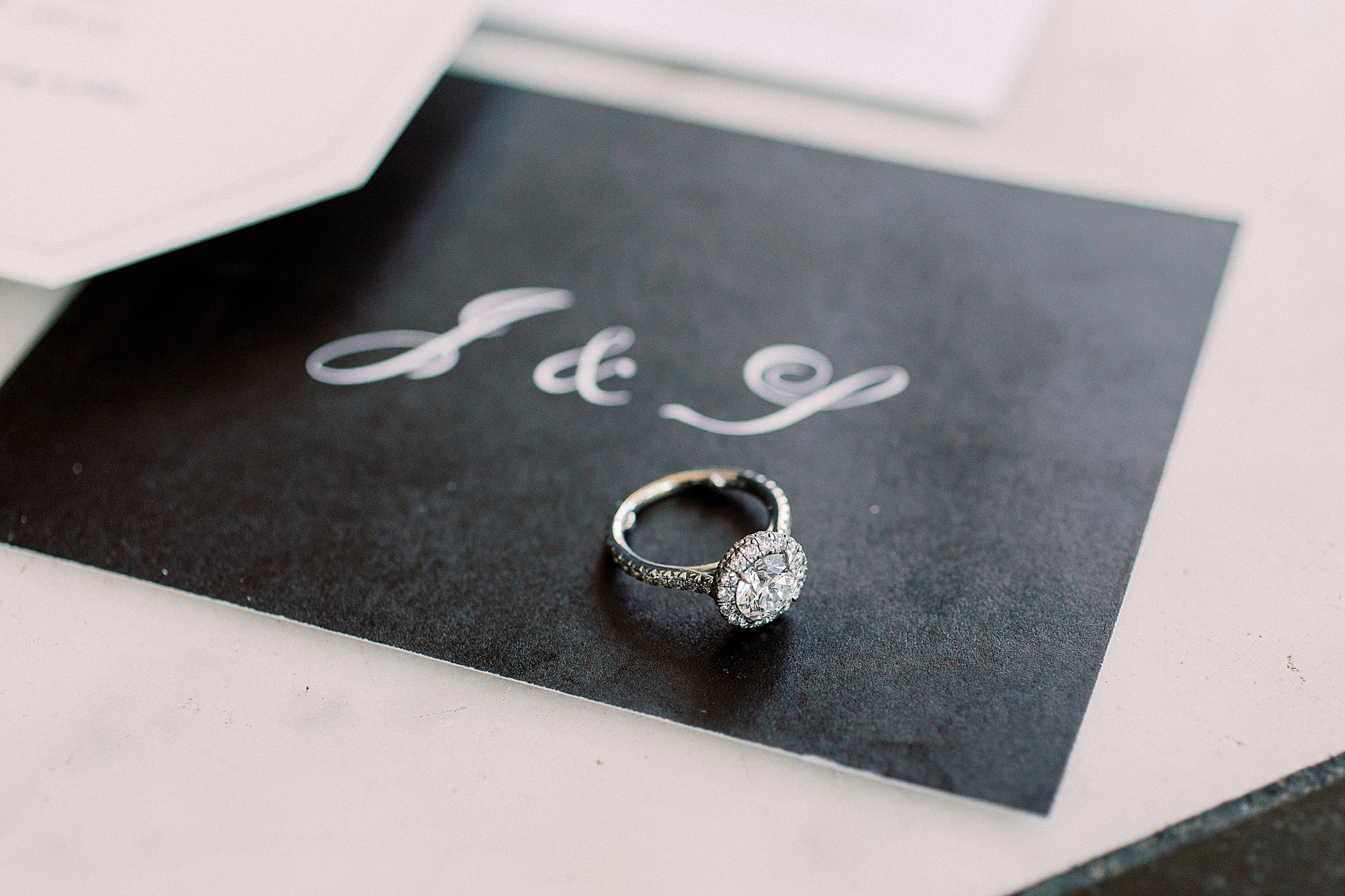 wedding ring rests on black invitation