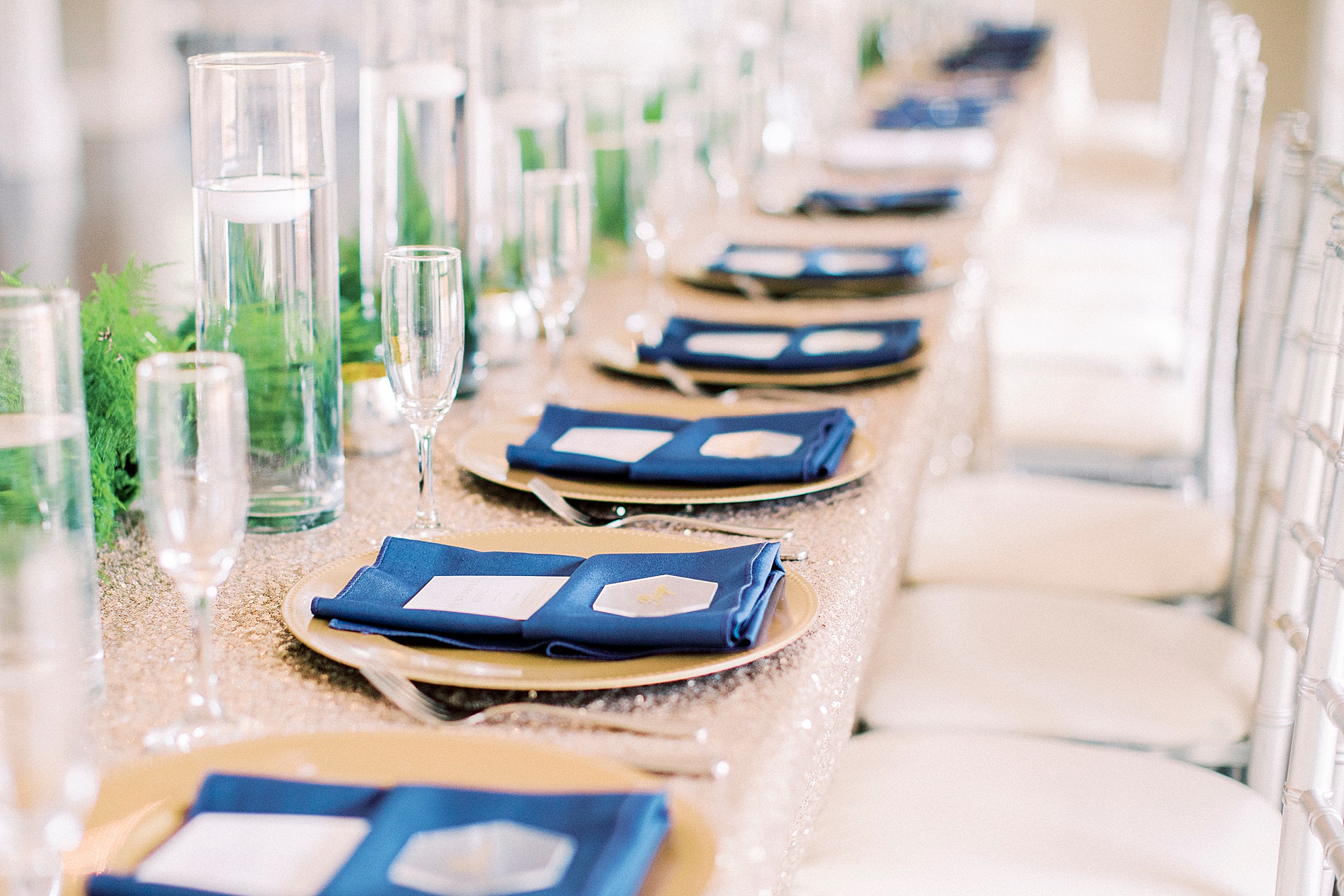 place settings with blue and gold details