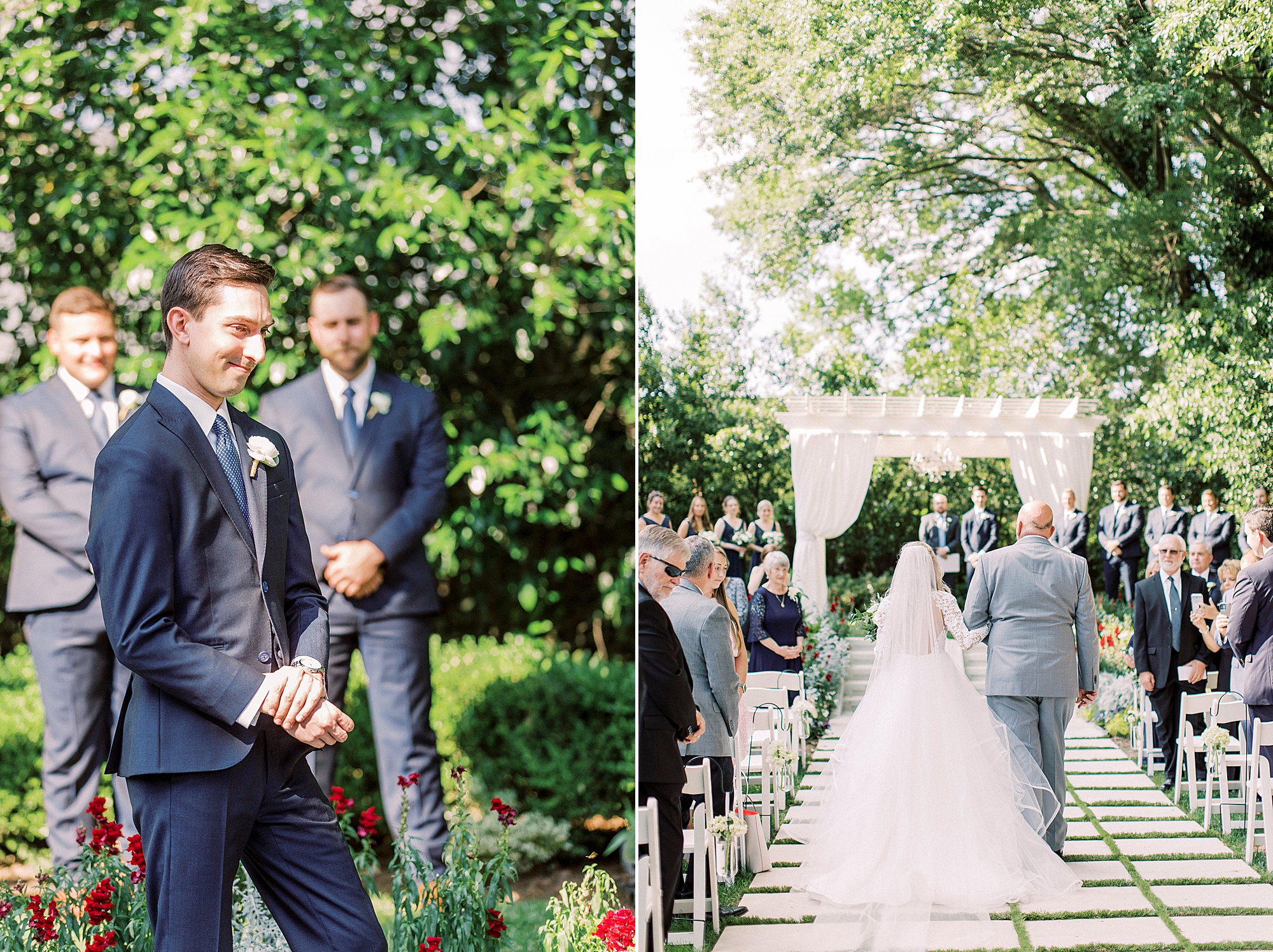groom watches bride walk down aisle during garden wedding ceremony at Separk Mansion