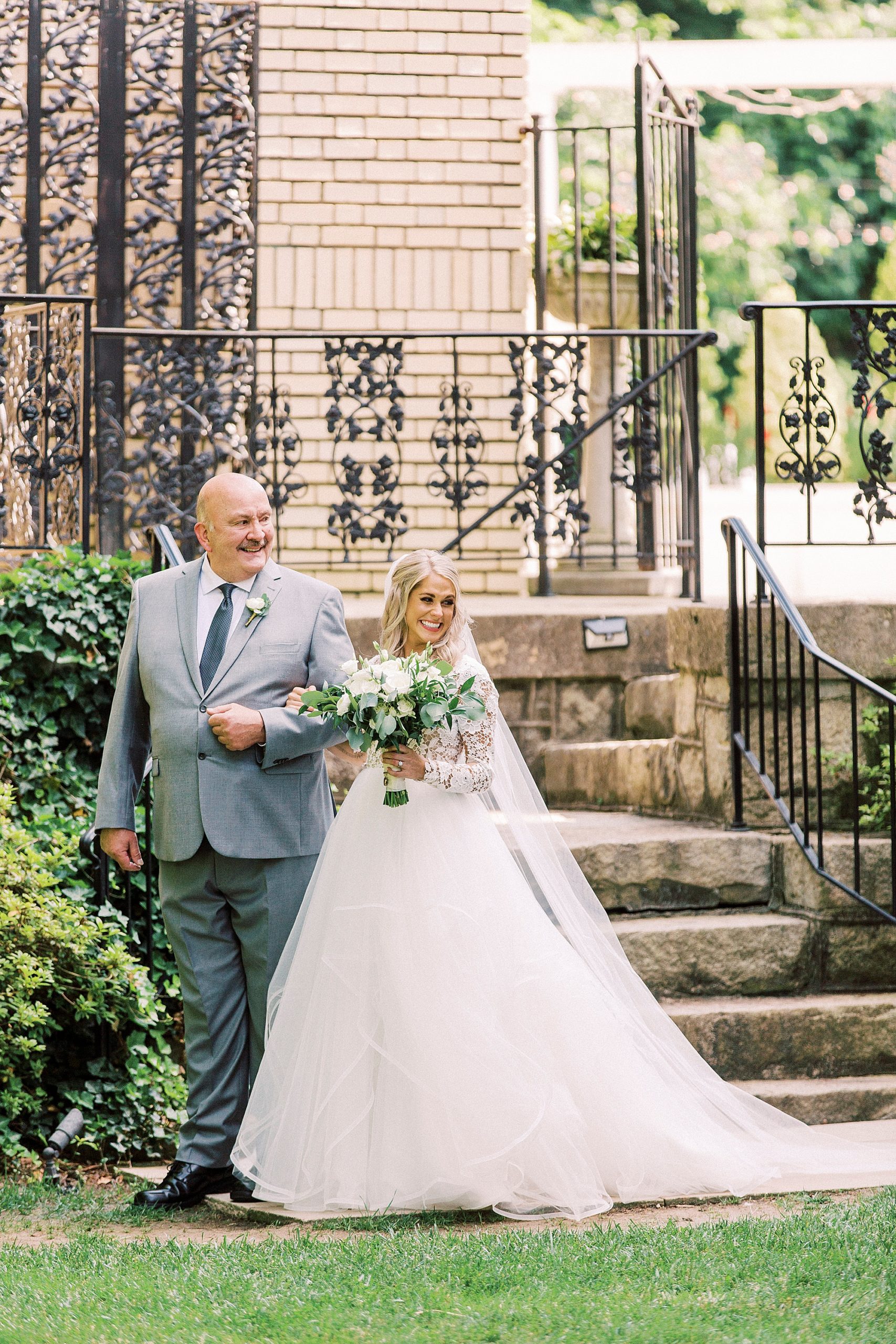 bride and dad wait to enter garden wedding ceremony at Separk Mansion