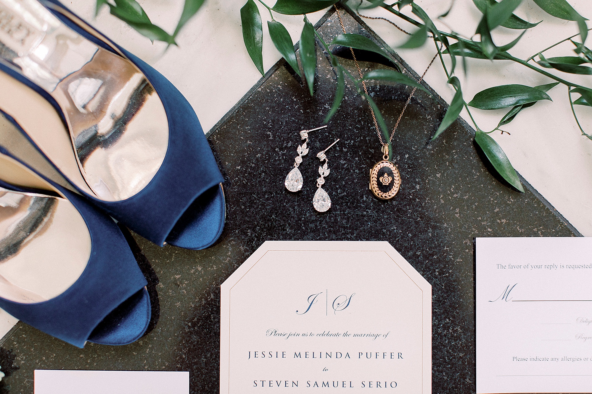 details for Separk Mansion wedding day with blue shoes and classic invitation suite