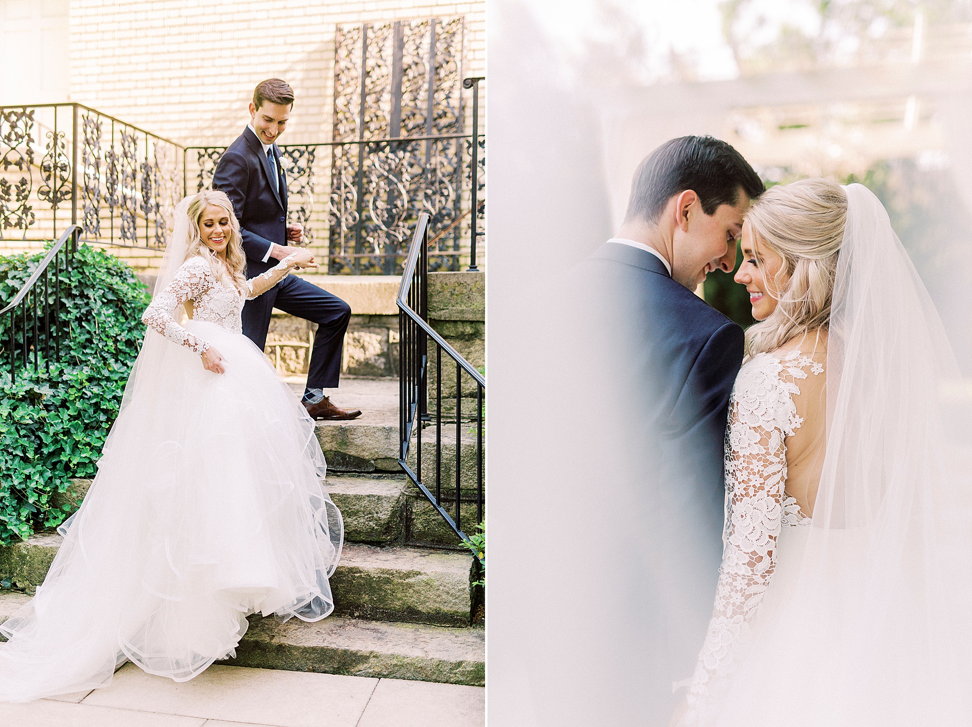 groom helps bride up steps at Separk Mansion in Hayden Olivia bridal gown