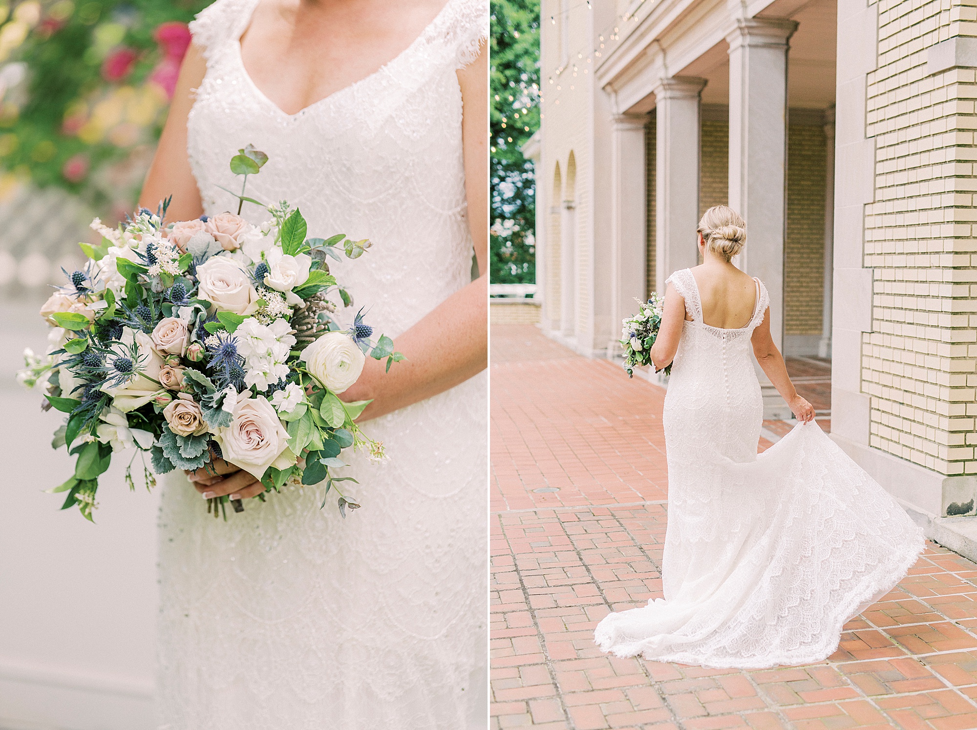 bride holds bouquet and twirls dress outside Separk Mansion