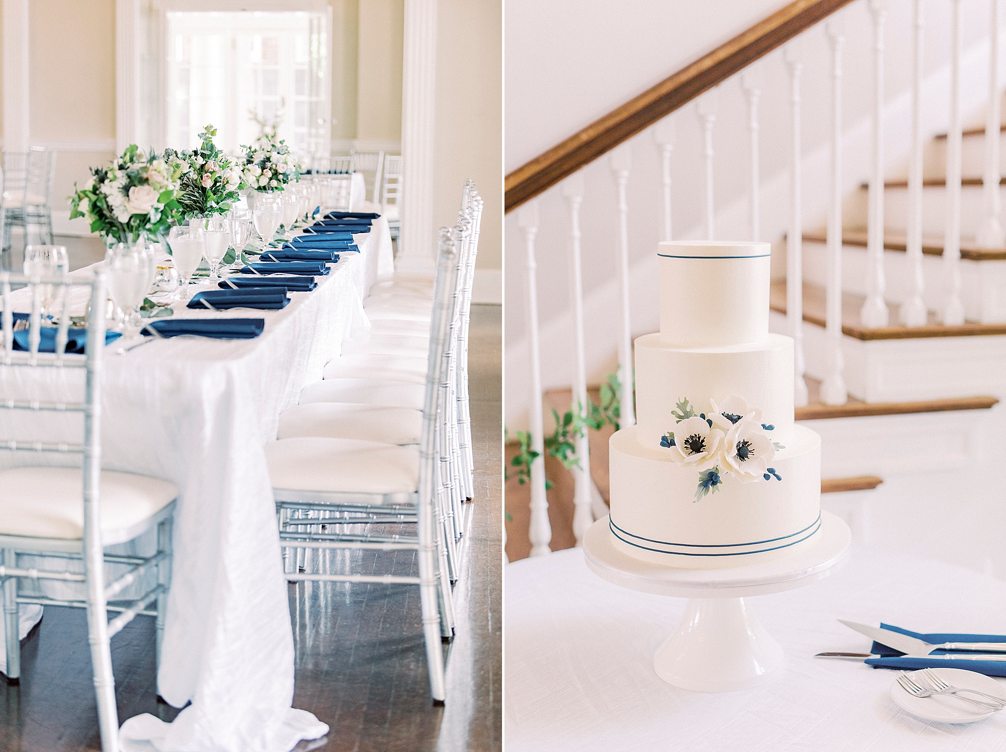 Charlotte NC wedding reception with blue and silver details