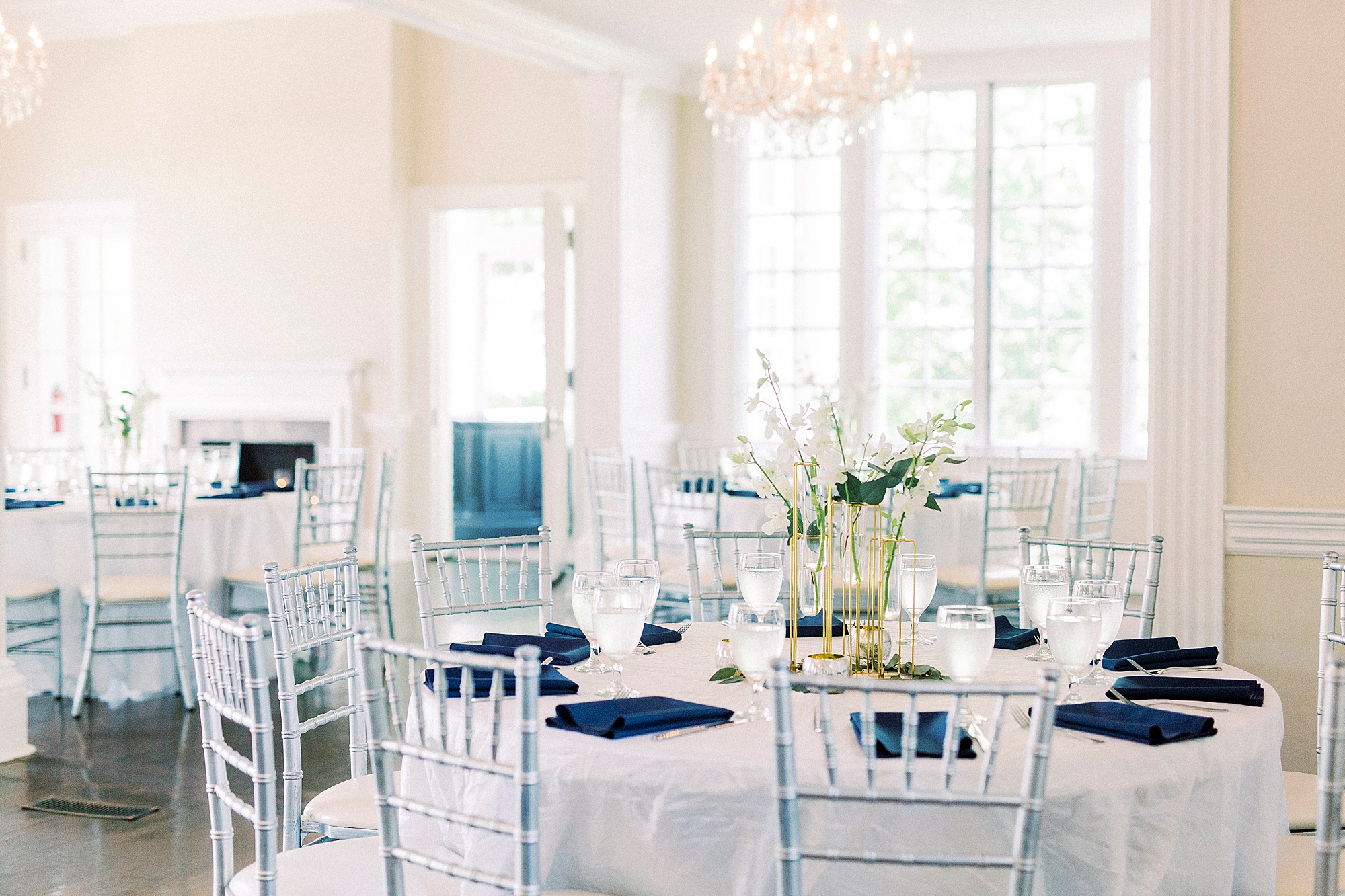 Separk Mansion wedding reception tables with navy and silver details