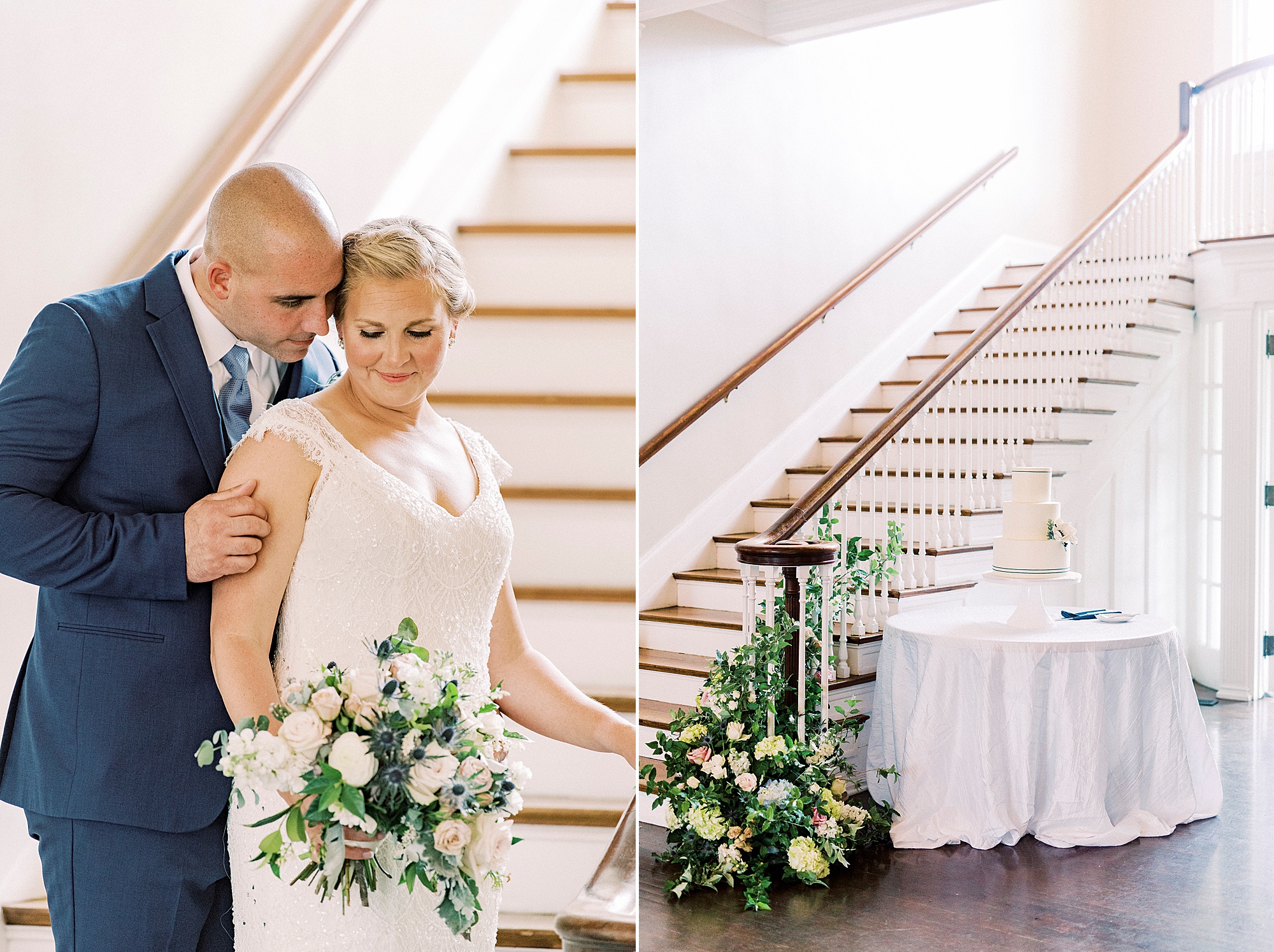 bride and groom pose by staircase at Separk Mansion