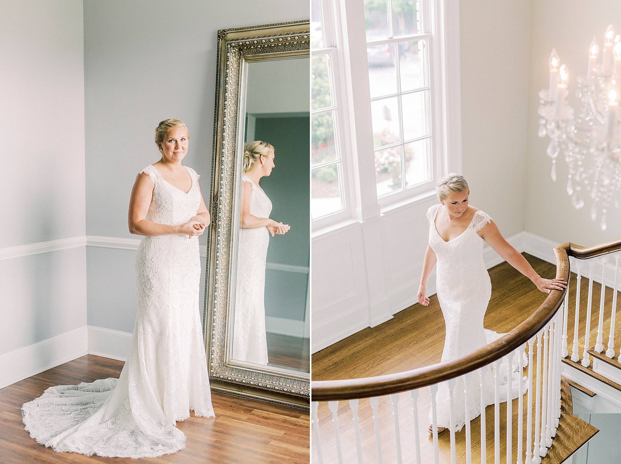 bride walks down steps at Separk Mansion