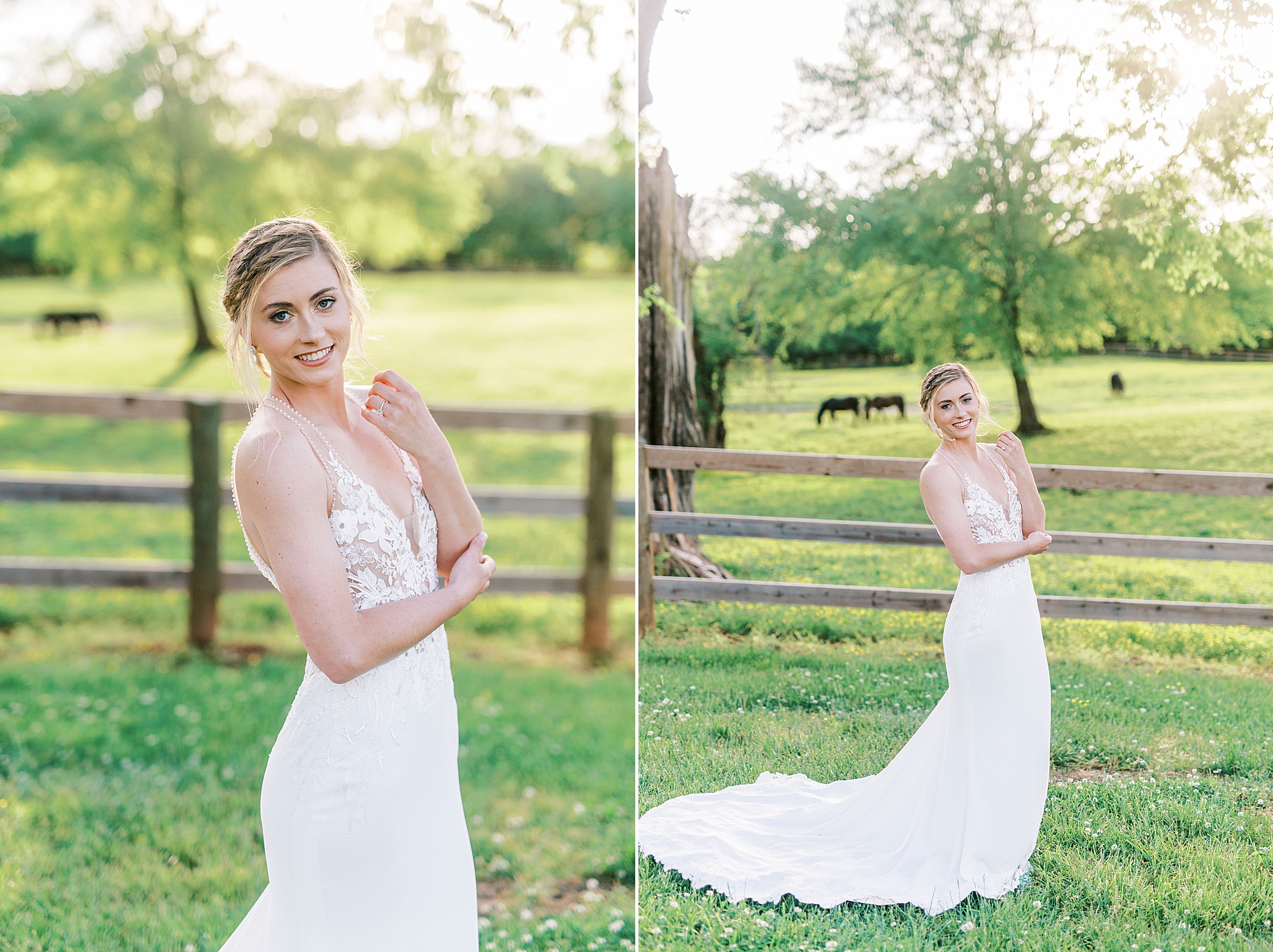 bride poses in field during Tanglewood bridal portraits