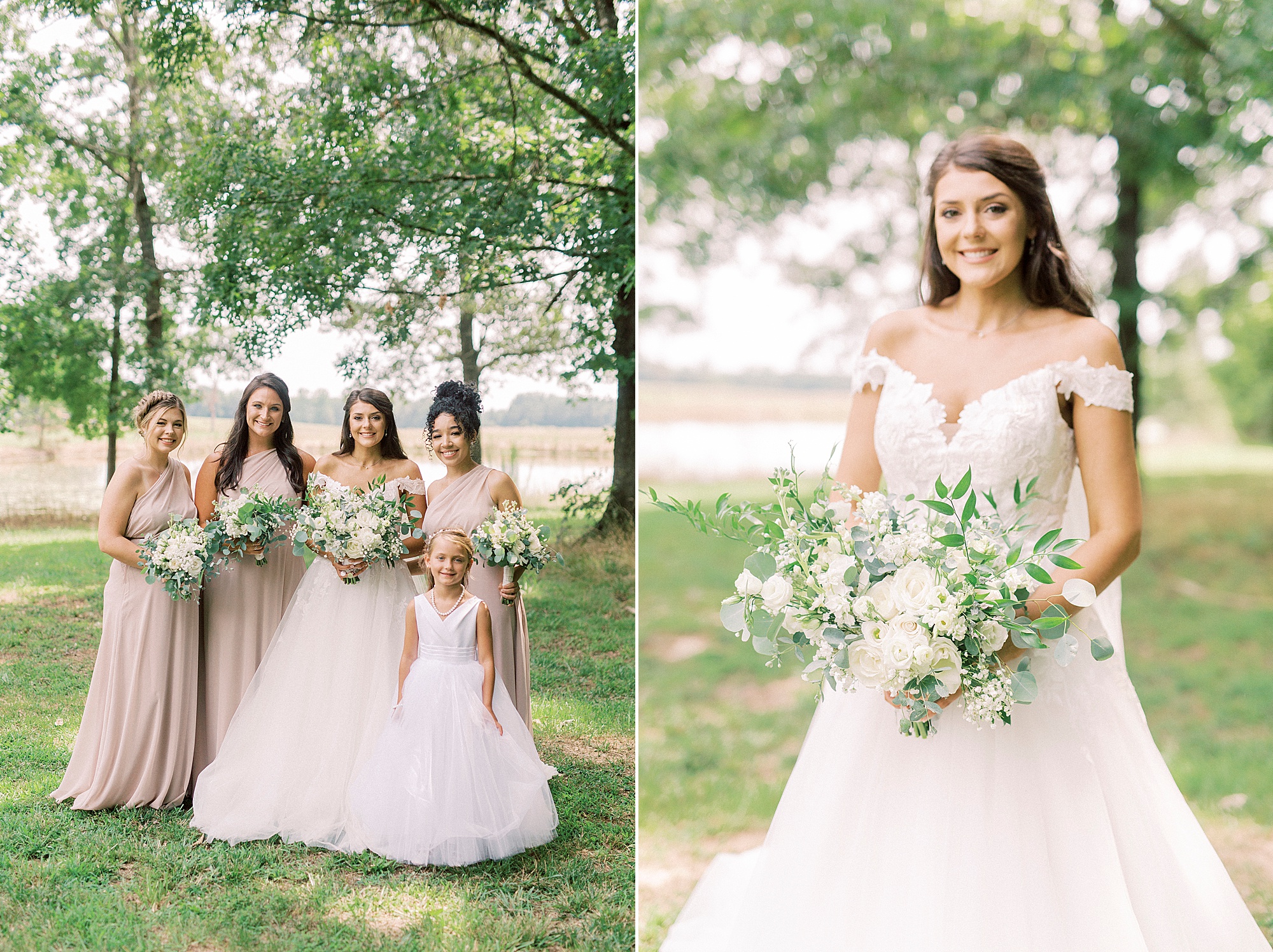 bride and bridesmaids in pink gowns pose at The Farmstead