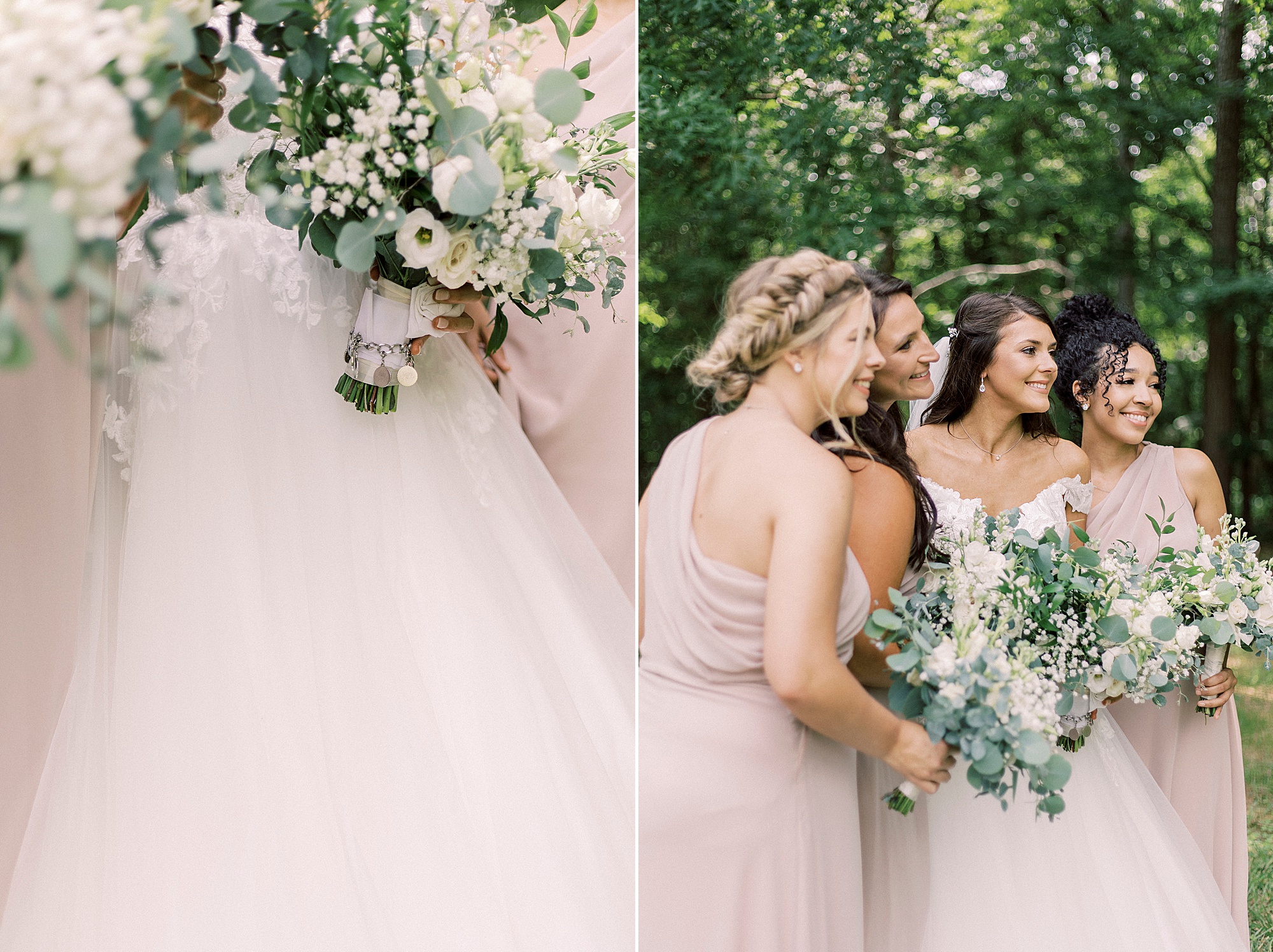fall wedding day with pink bridesmaid gowns