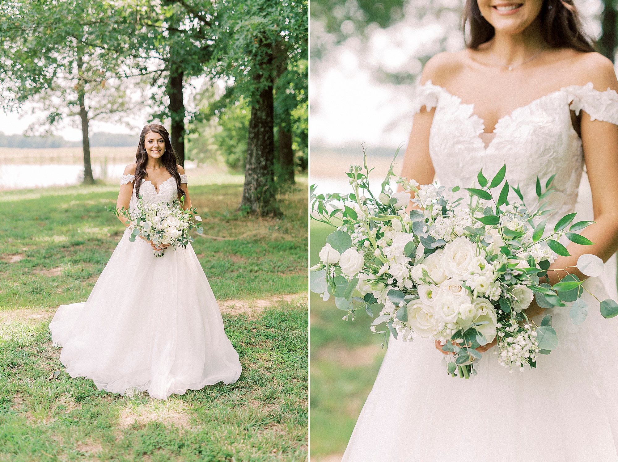 bride holds bouquet of white flowers for NC wedding